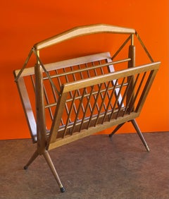 Mid-Century Modern Italian Solid Walnut & Brass Magazine Rack by Cesare Lacca