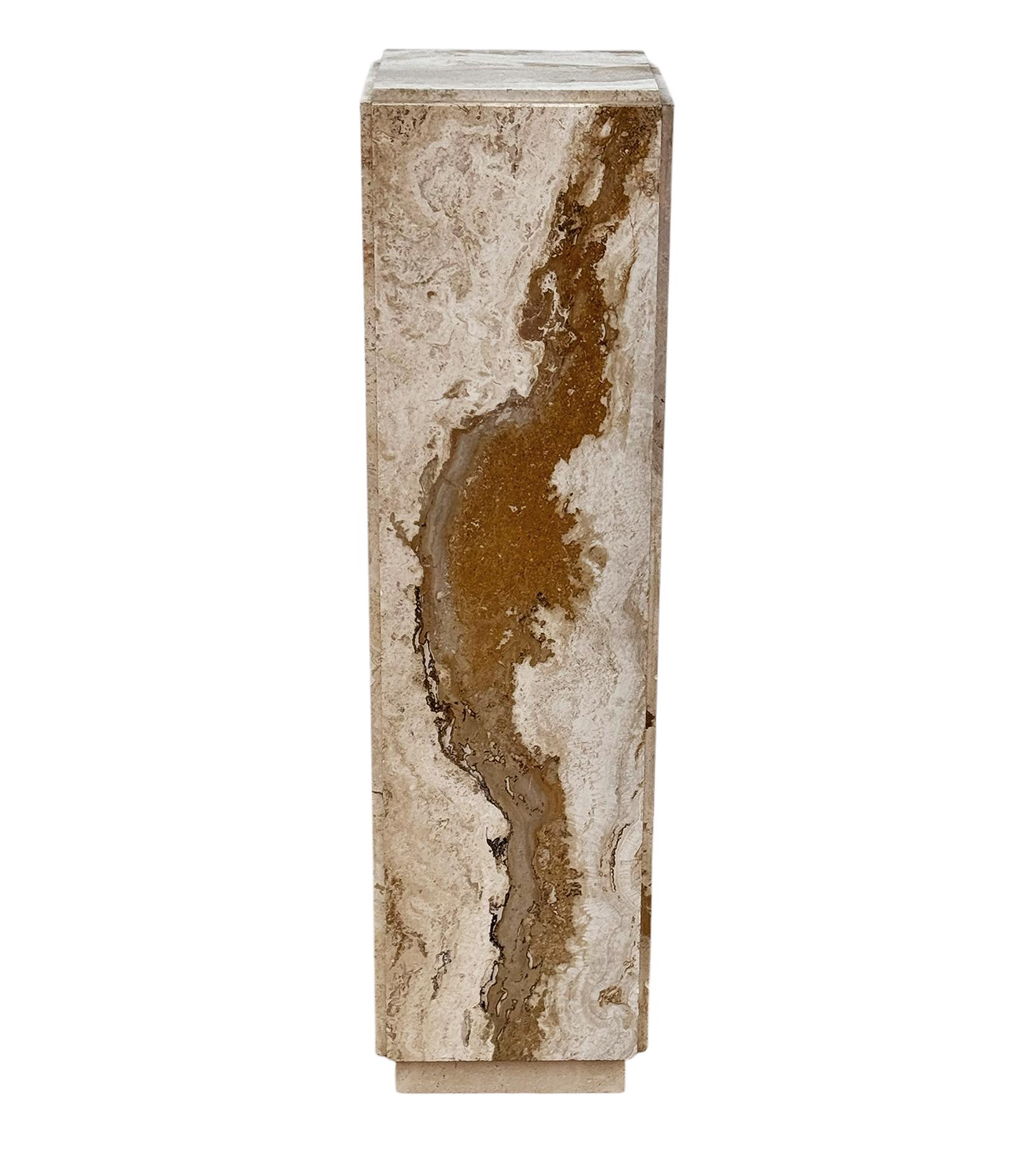 Mid-Century Modern Italian Square Beige & Tan Travertine Marble Pedestal Table In Good Condition In Philadelphia, PA