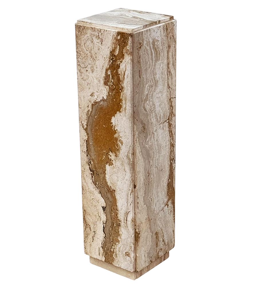 Late 20th Century Mid-Century Modern Italian Square Beige & Tan Travertine Marble Pedestal Table