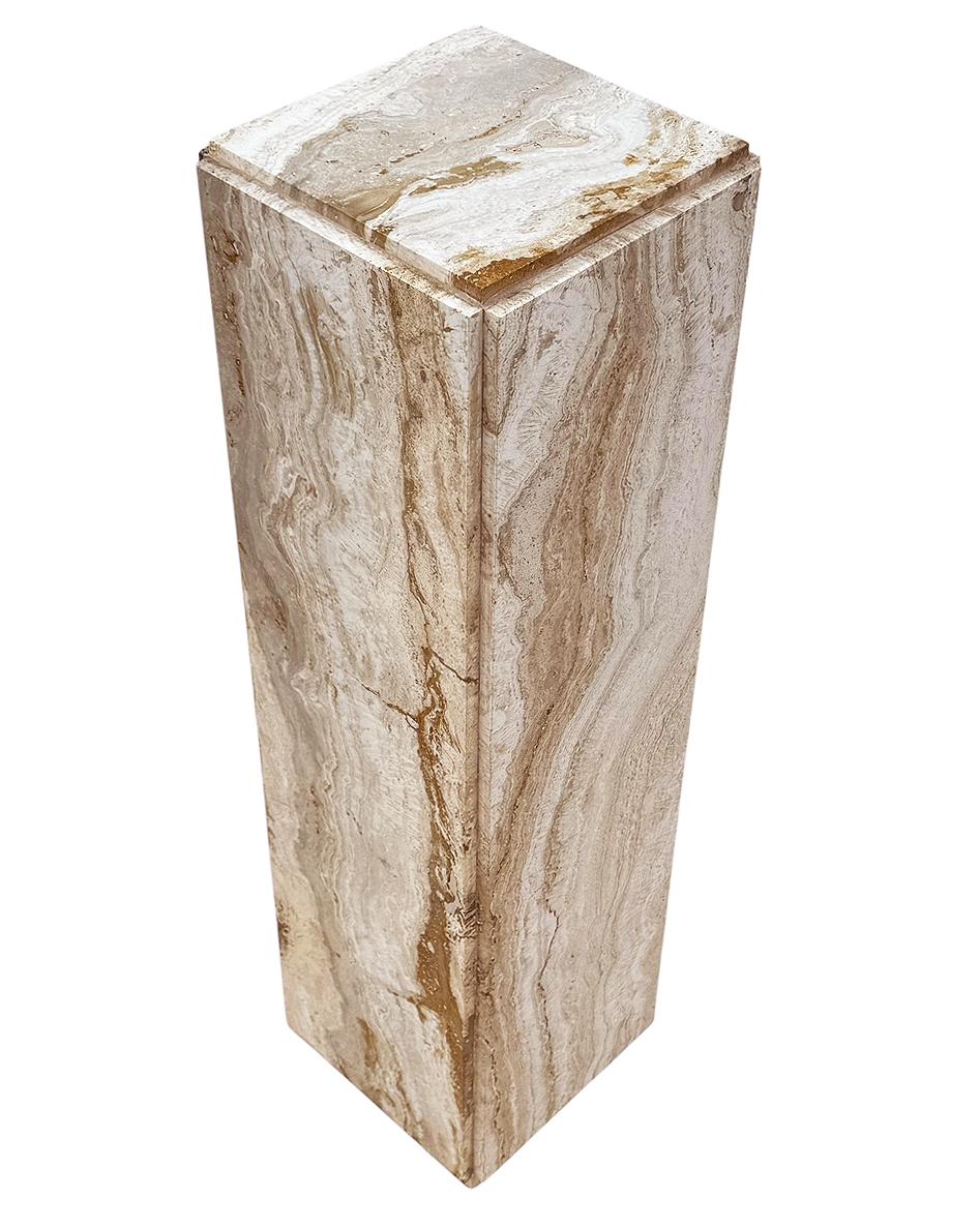 Mid-Century Modern Italian Square Beige & Tan Travertine Marble Pedestal Table 1