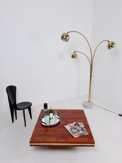 Mid-Century Modern Italian Square Coffe Table in Burl Wood & Brass, 70s