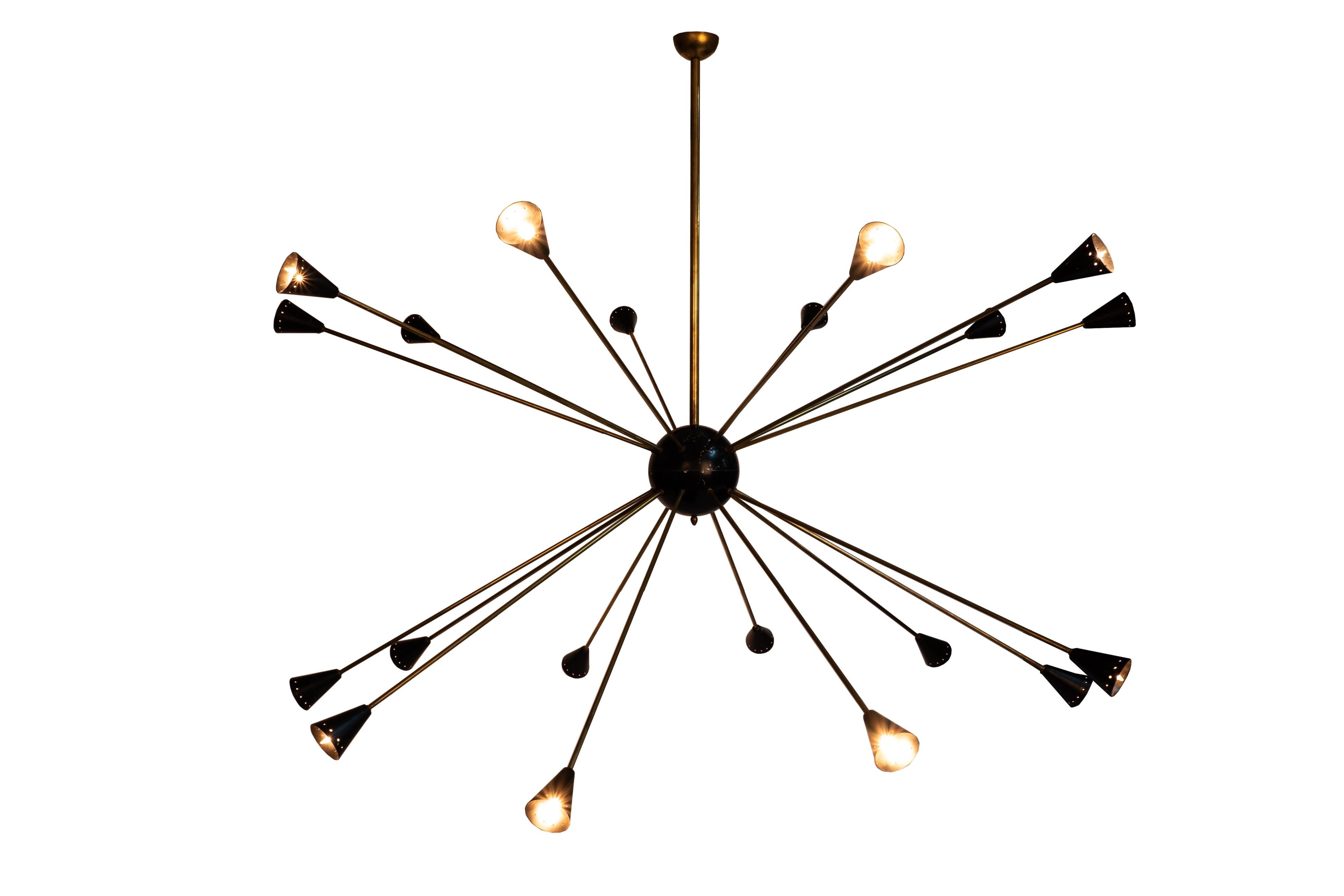 Large Italian Stilnovo Sputnik chandelier with 20 arms in brass with trumpet diabolo shades enameled in black. Great original / vintage condition.
Holds E14 bulbs

Made in Italy, circa 1950.