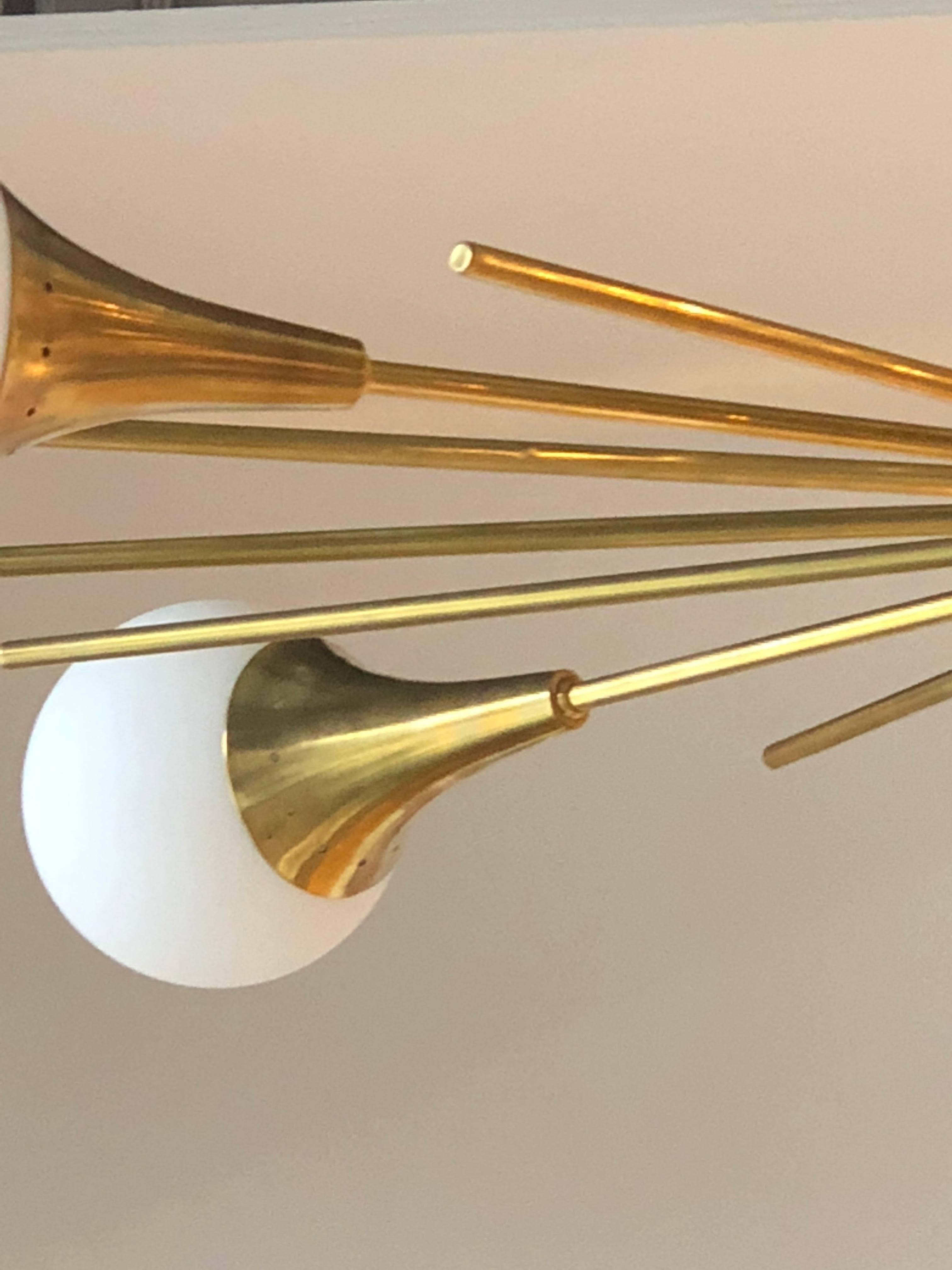 Stilnovo Style Brass Frame & 6 Torchère w/ White Glass Globe Sputnik Chandelier For Sale 6