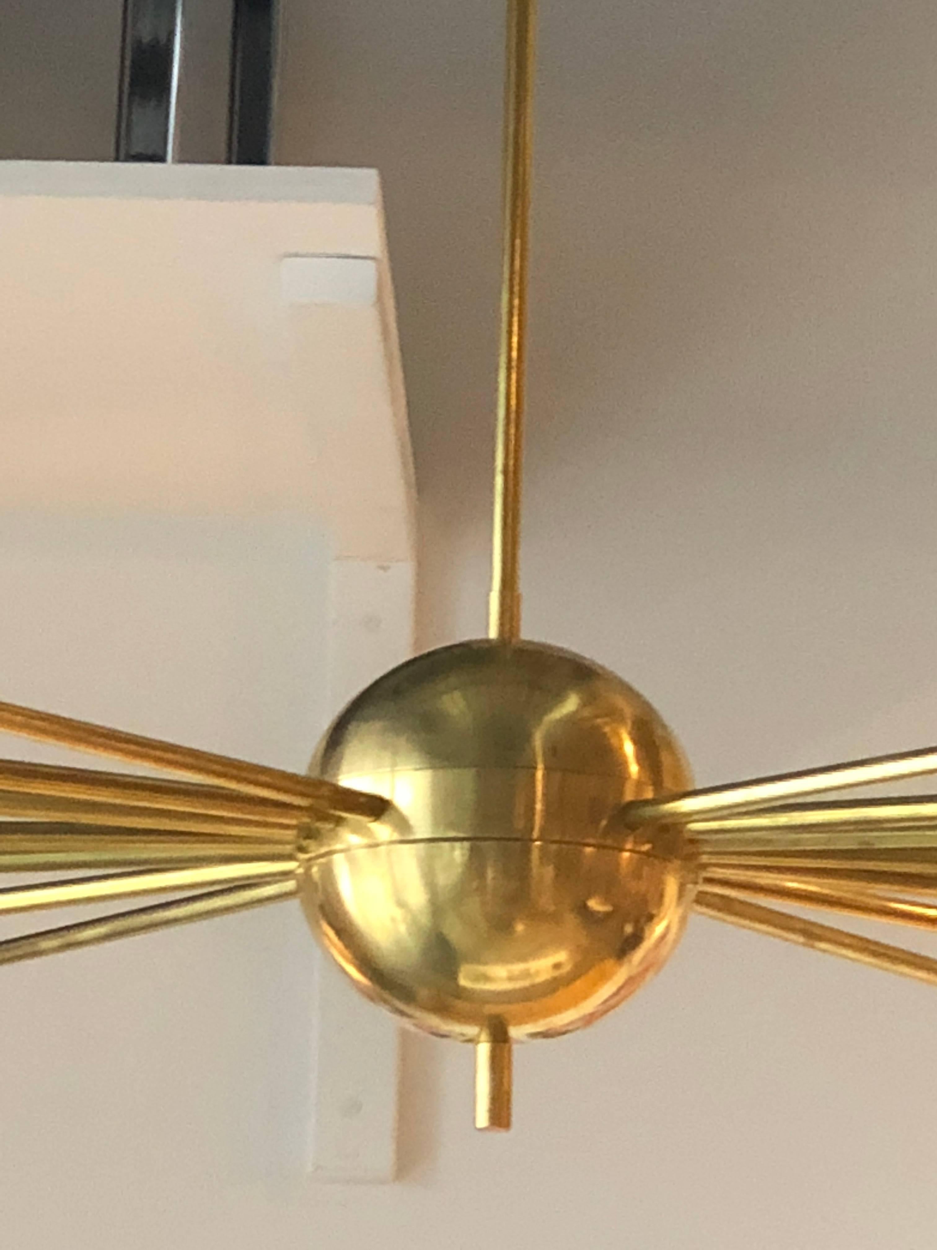 20th Century Stilnovo Style Brass Frame & 6 Torchère w/ White Glass Globe Sputnik Chandelier For Sale