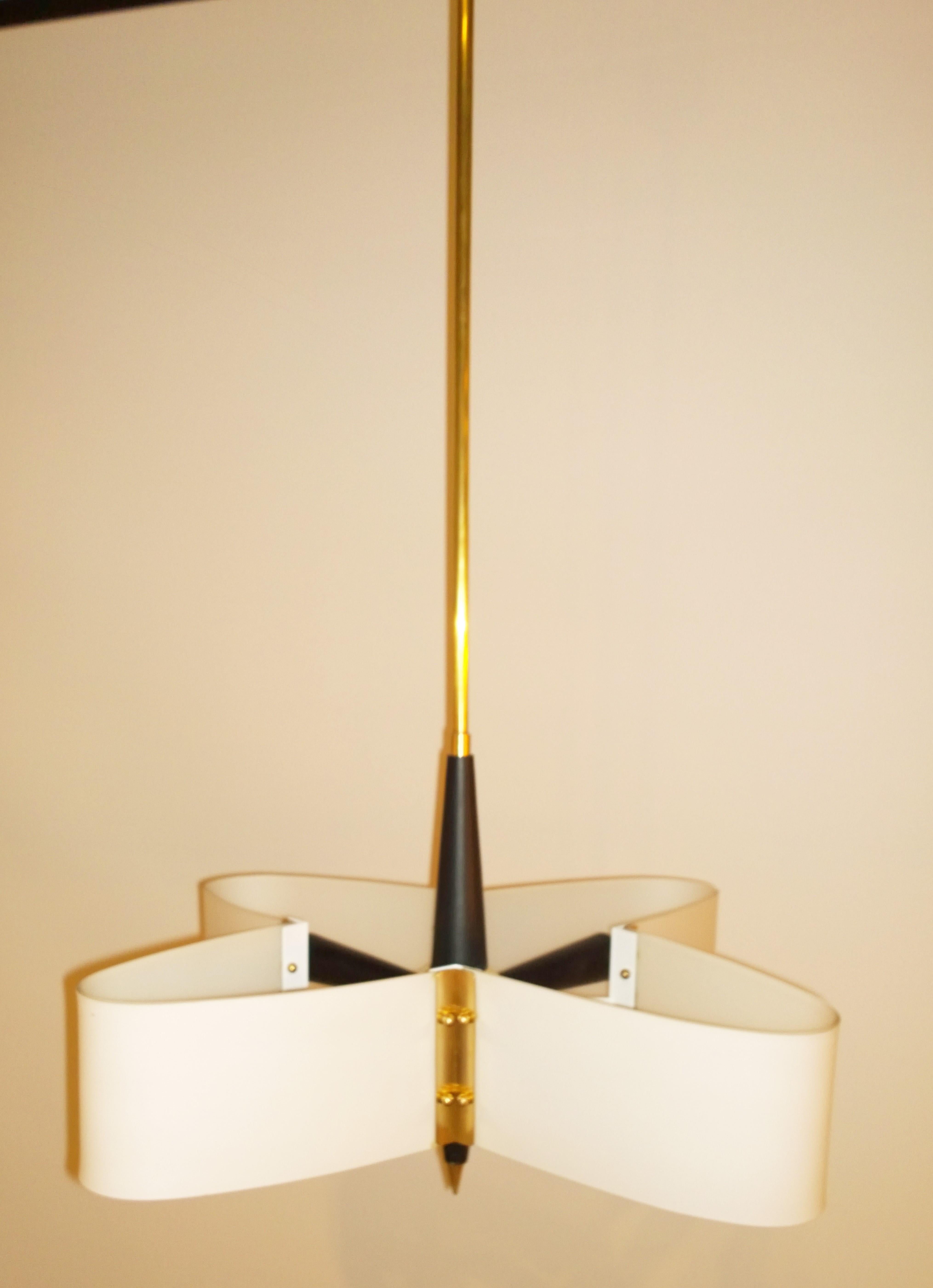 Mid-Century Modern Italian Stilnovo Style Glass Brass Enameled Metal Chandelier 6