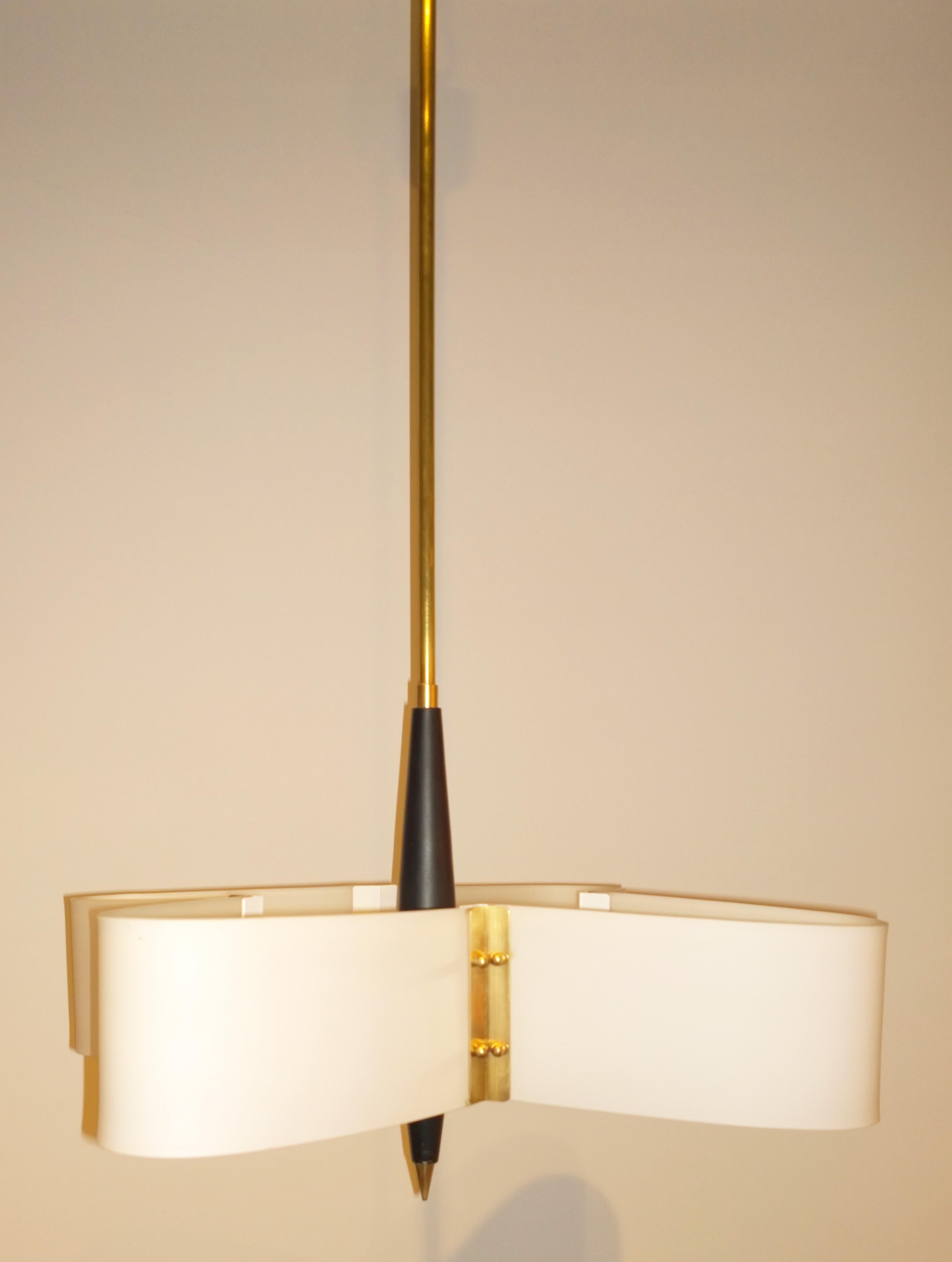 Mid-Century Modern Italian Stilnovo Style Glass Brass Enameled Metal Chandelier 1