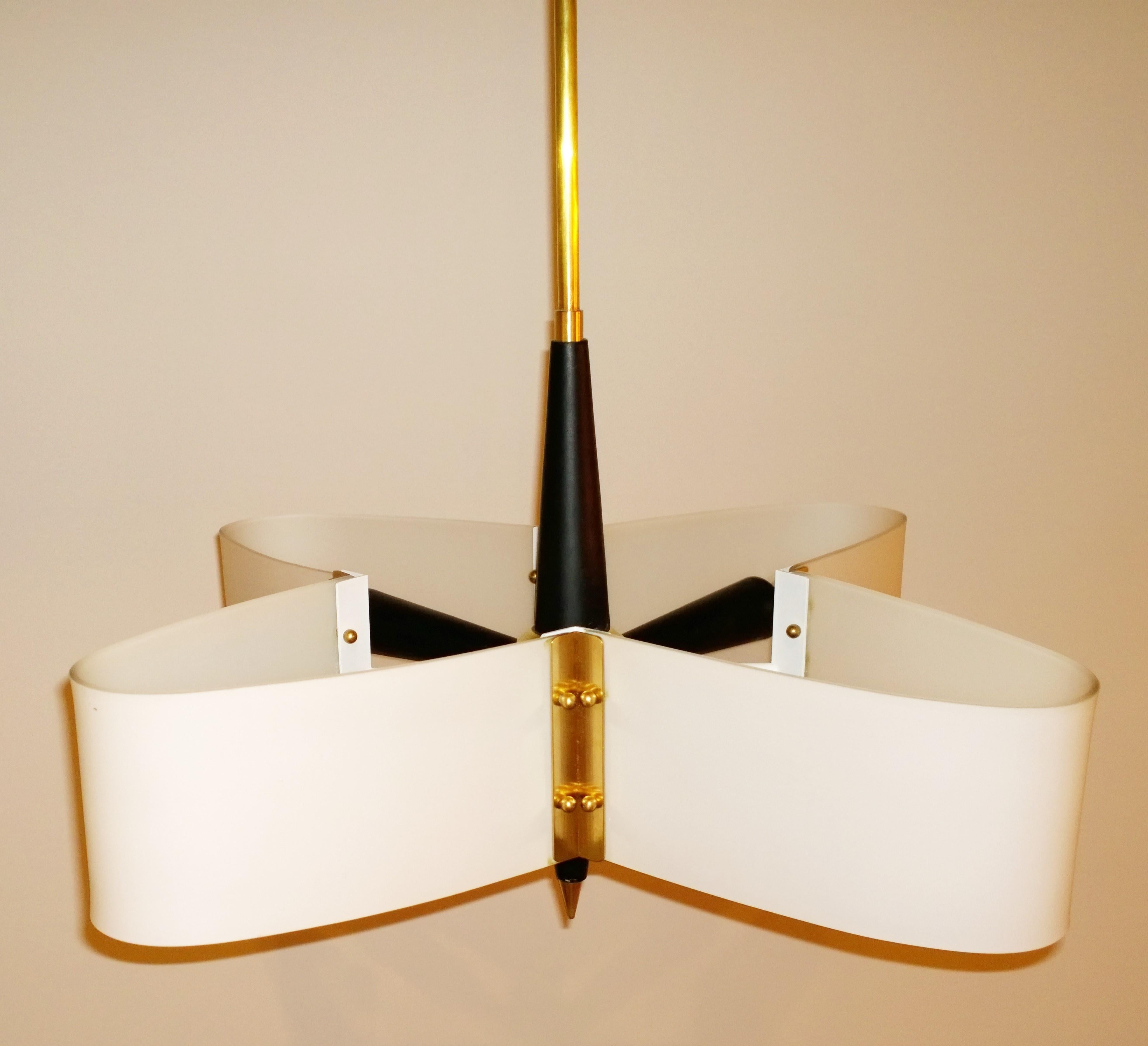 Mid-Century Modern Italian Stilnovo Style Glass Brass Enameled Metal Chandelier 4