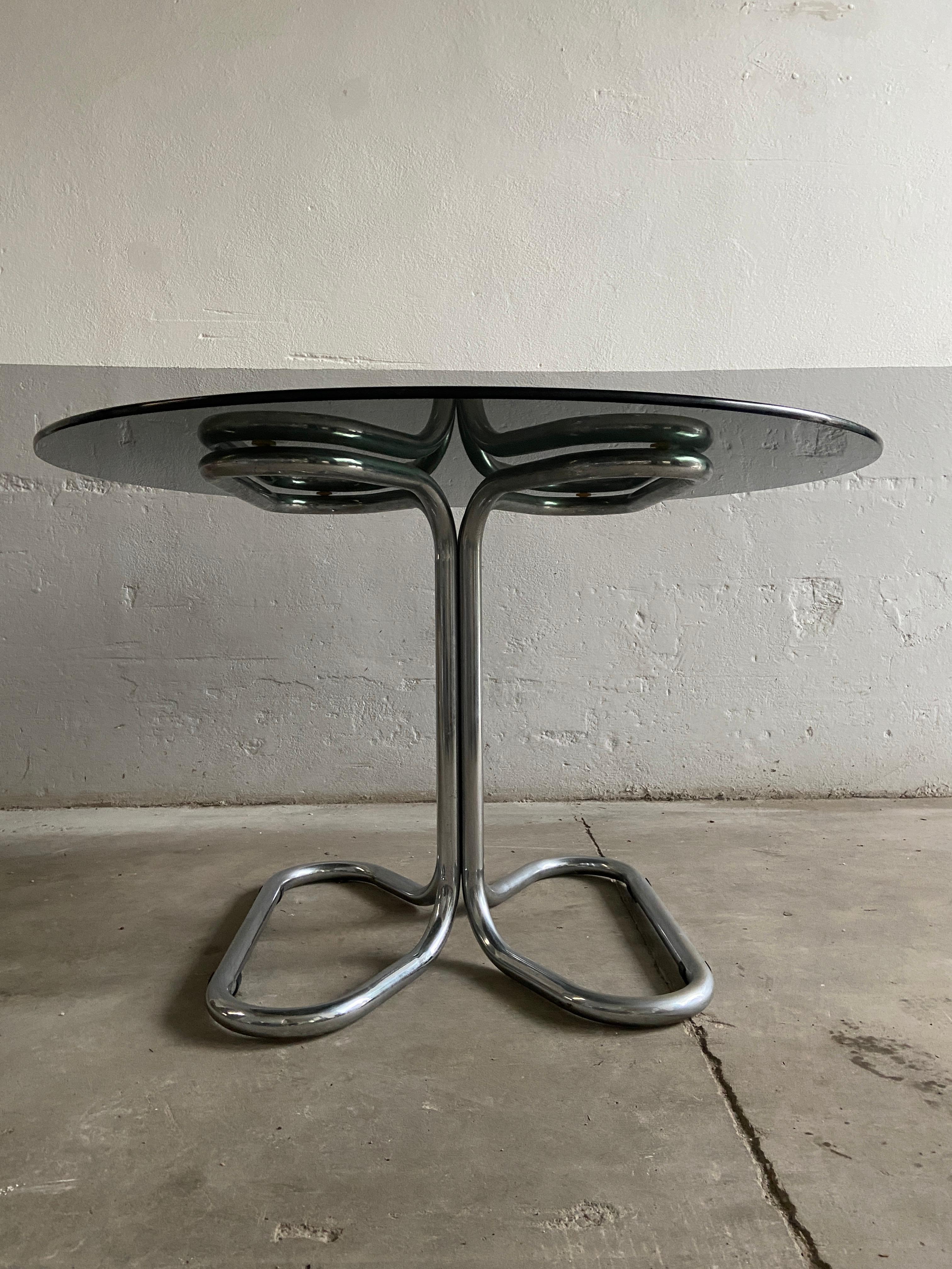 Smoked Glass Mid-Century Modern Italian Stoppino Dining Table with Chrome Base and Glass Top