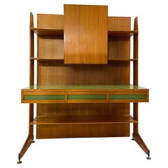 Mid-Century Modern Italian Teak Desk, Brown and Green, 1950s