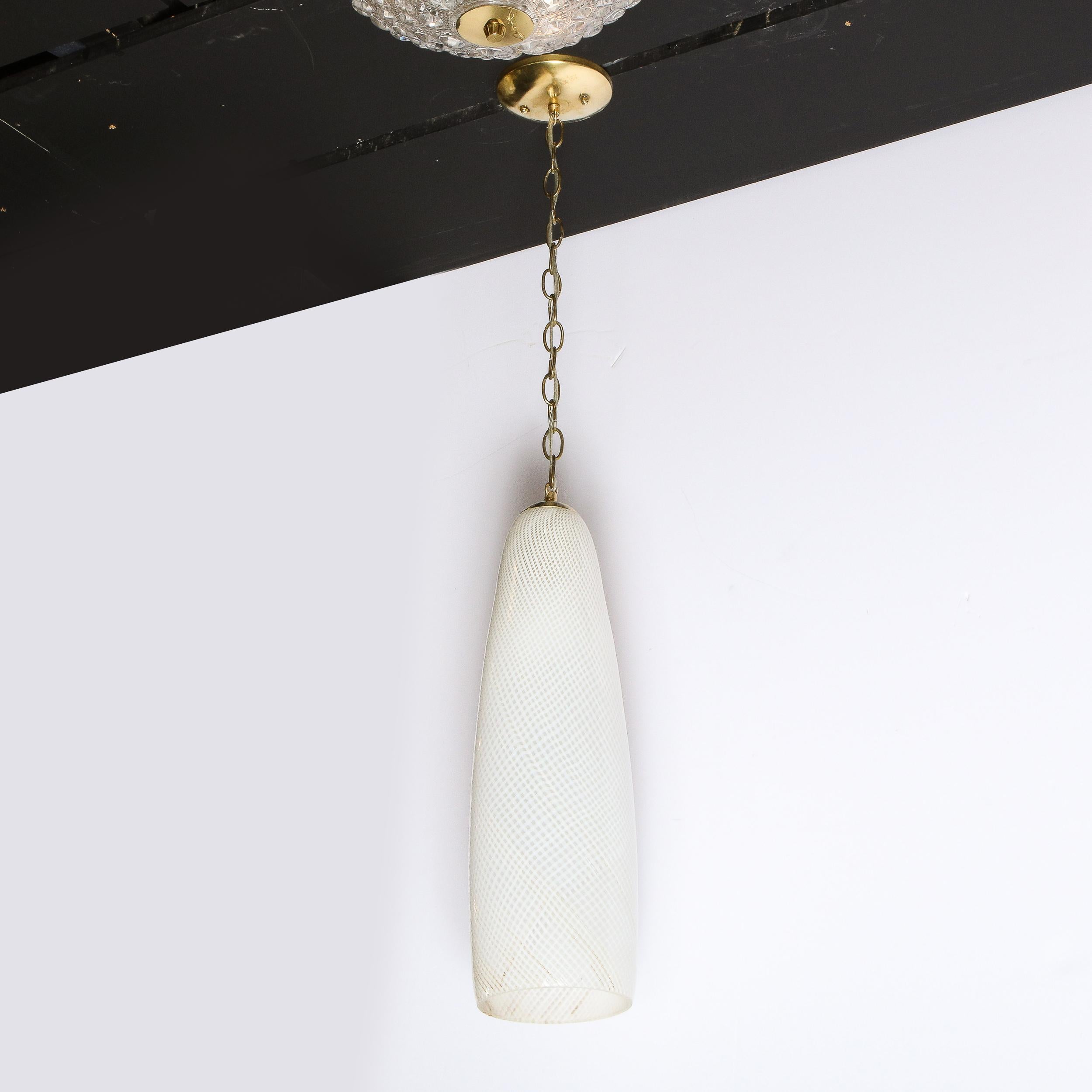 Mid-Century Modern Mid Century Modern Italian Textured White Murano Glass & Brass Pendant Light For Sale