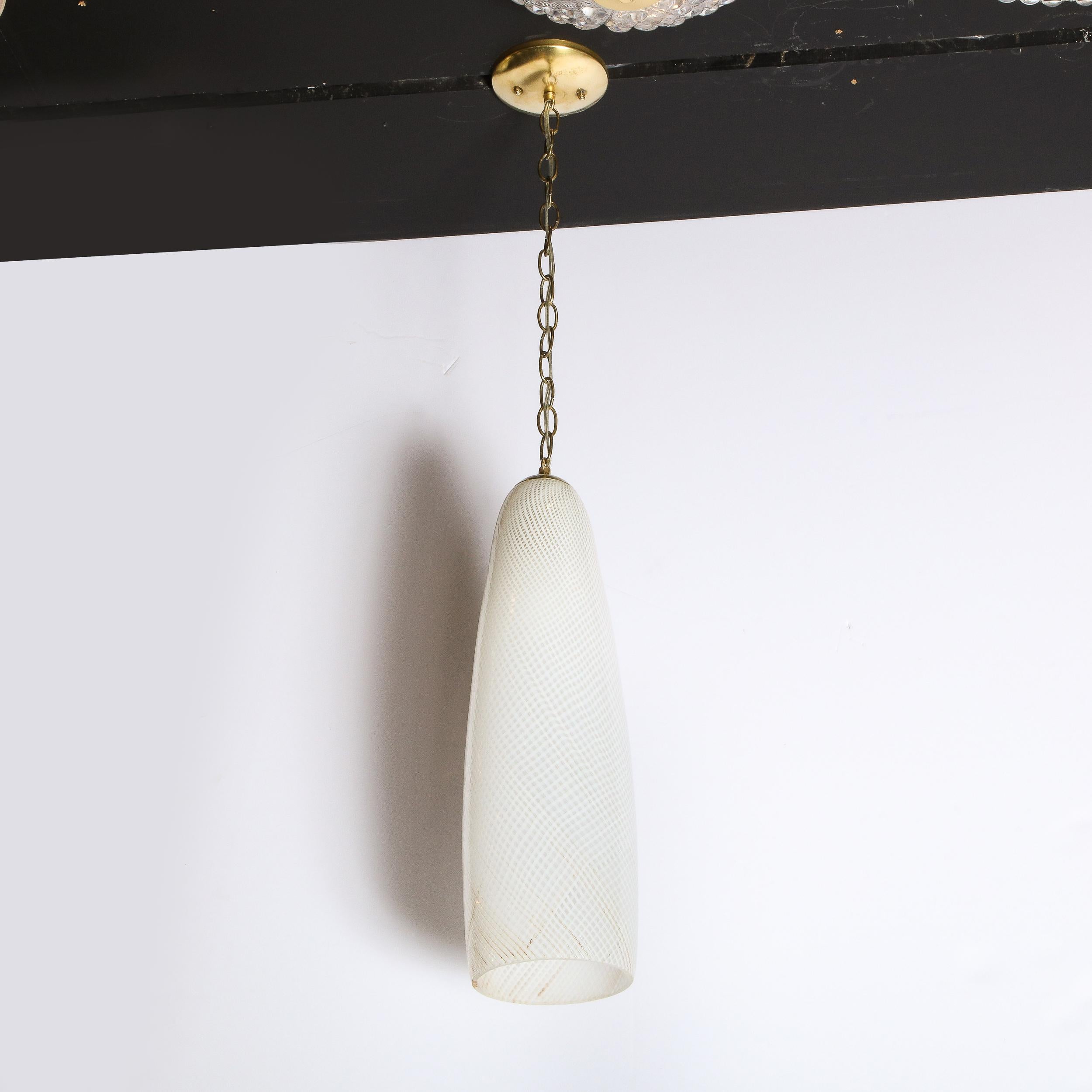Mid Century Modern Italian Textured White Murano Glass & Brass Pendant Light In Excellent Condition For Sale In New York, NY