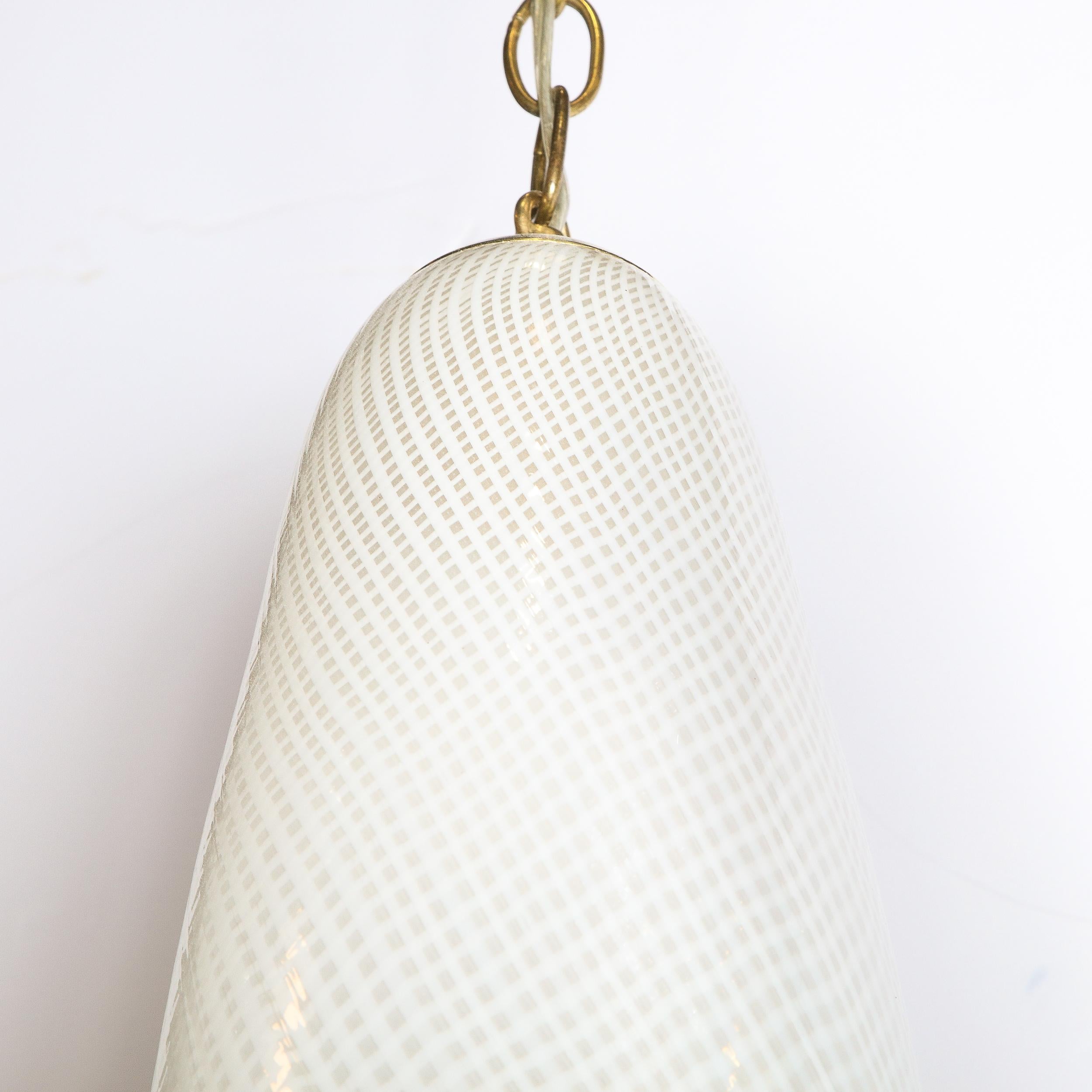 Mid Century Modern Italian Textured White Murano Glass & Brass Pendant Light For Sale 1