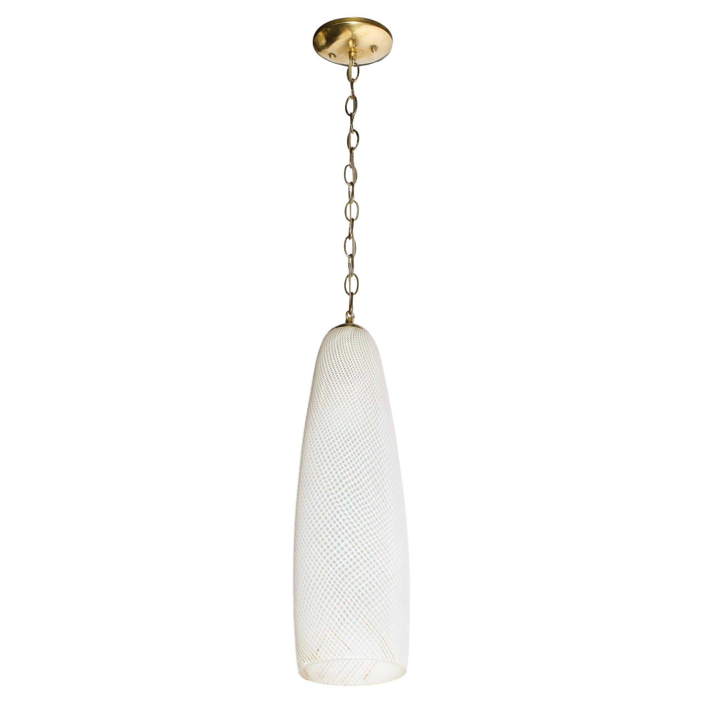 Mid Century Modern Italian Textured White Murano Glass & Brass Pendant Light For Sale