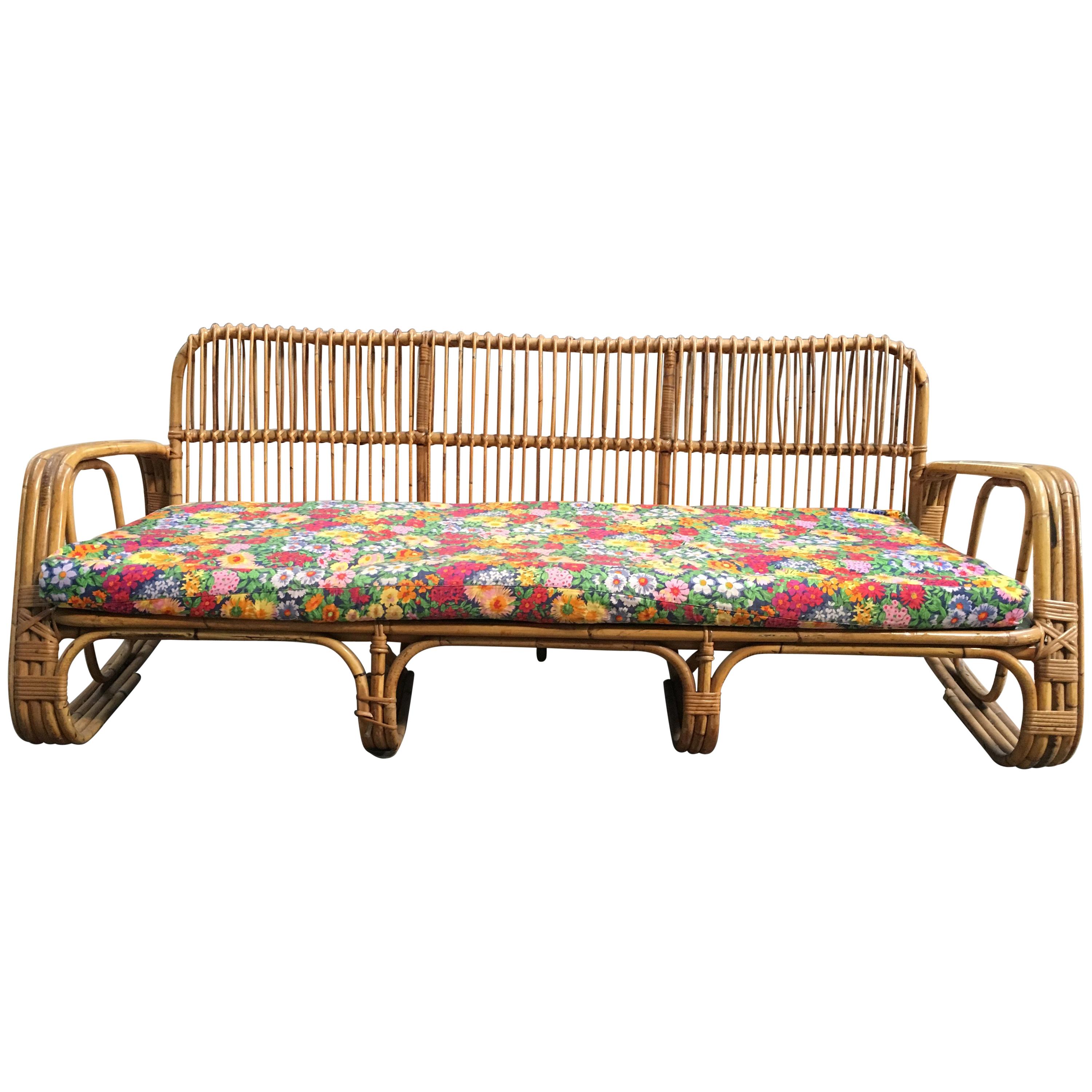 Mid-Century Modern Italian Three-Seat Bamboo Sofa with Original Floral Cushions