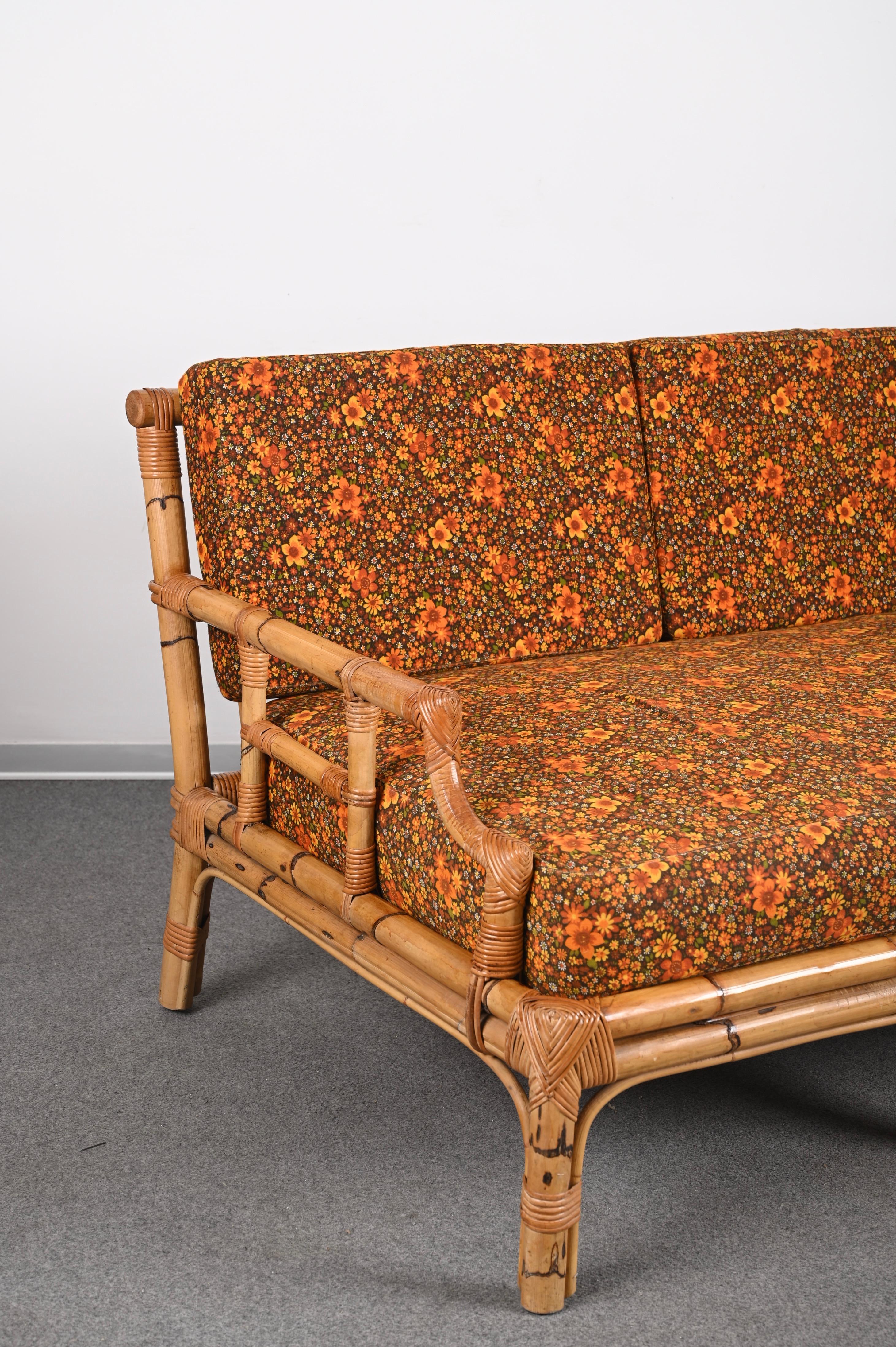 Mid-Century Modern Italian Three-Seat Rattan and Bamboo Sofa, 1970s For Sale 14