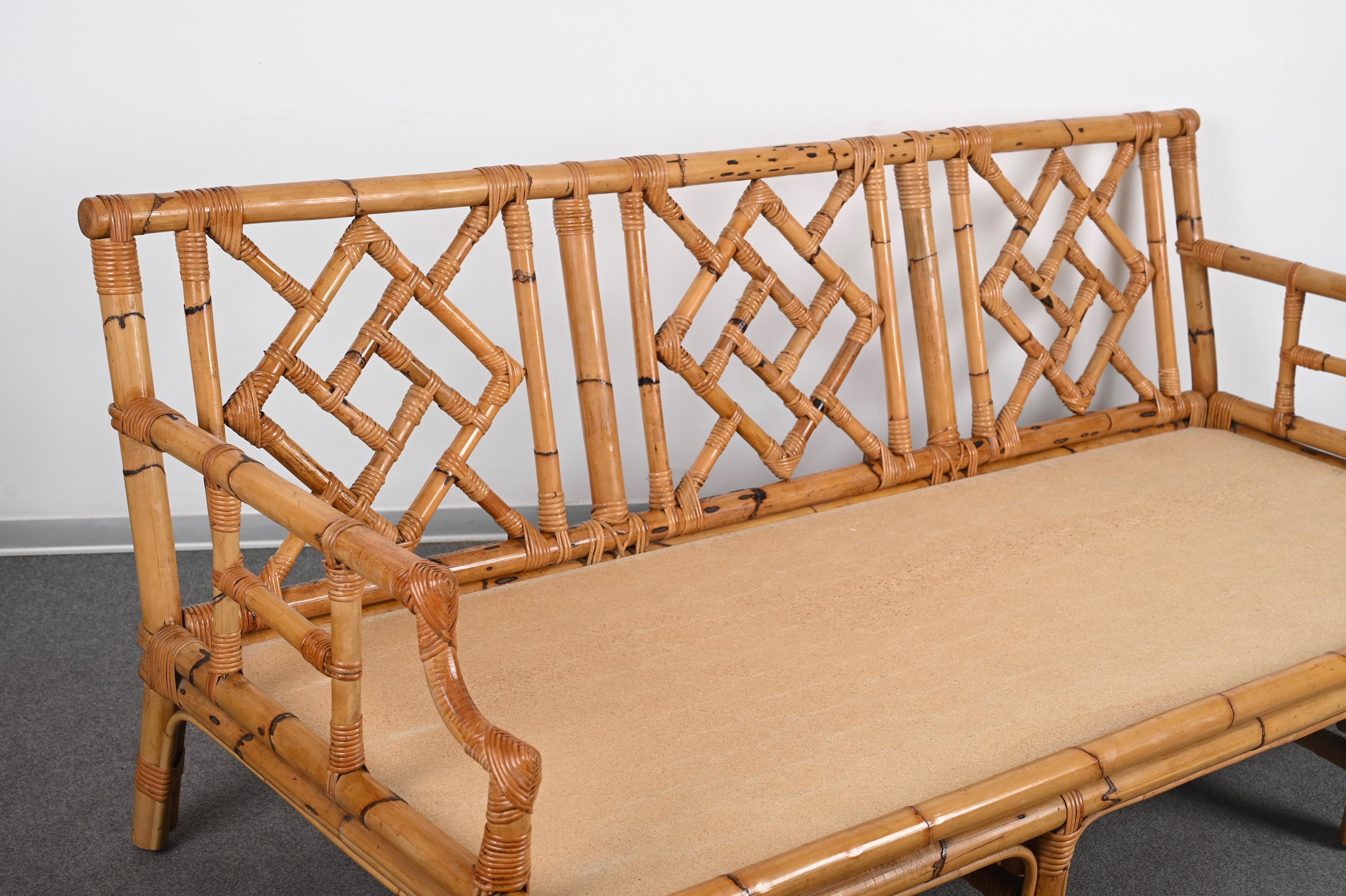 Mid-Century Modern Italian Three-Seat Rattan and Bamboo Sofa, 1970s For Sale 16