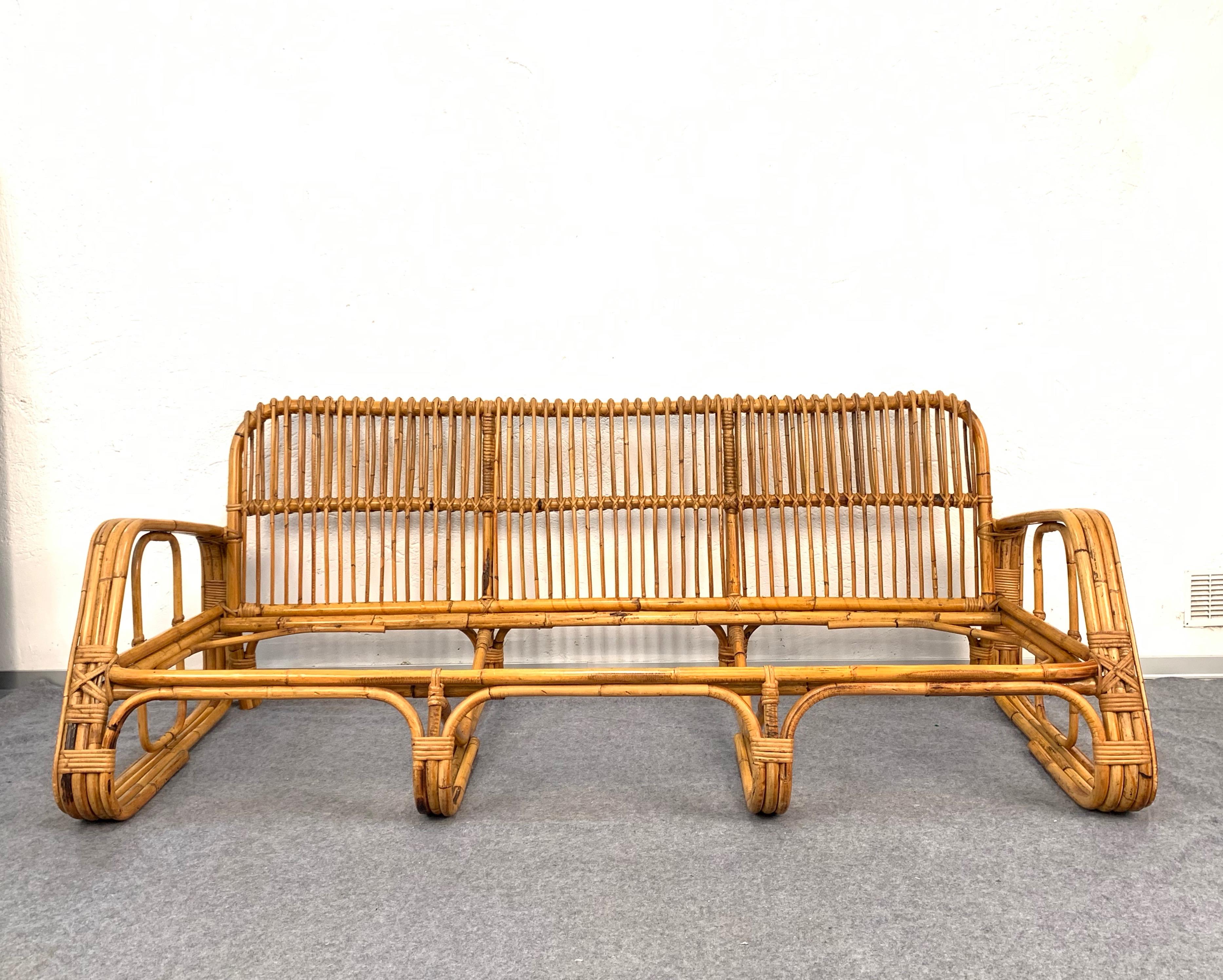 Mid-Century Modern Italian Three-Seat Rattan & Bamboo Sofa, Italy, 1960s 8