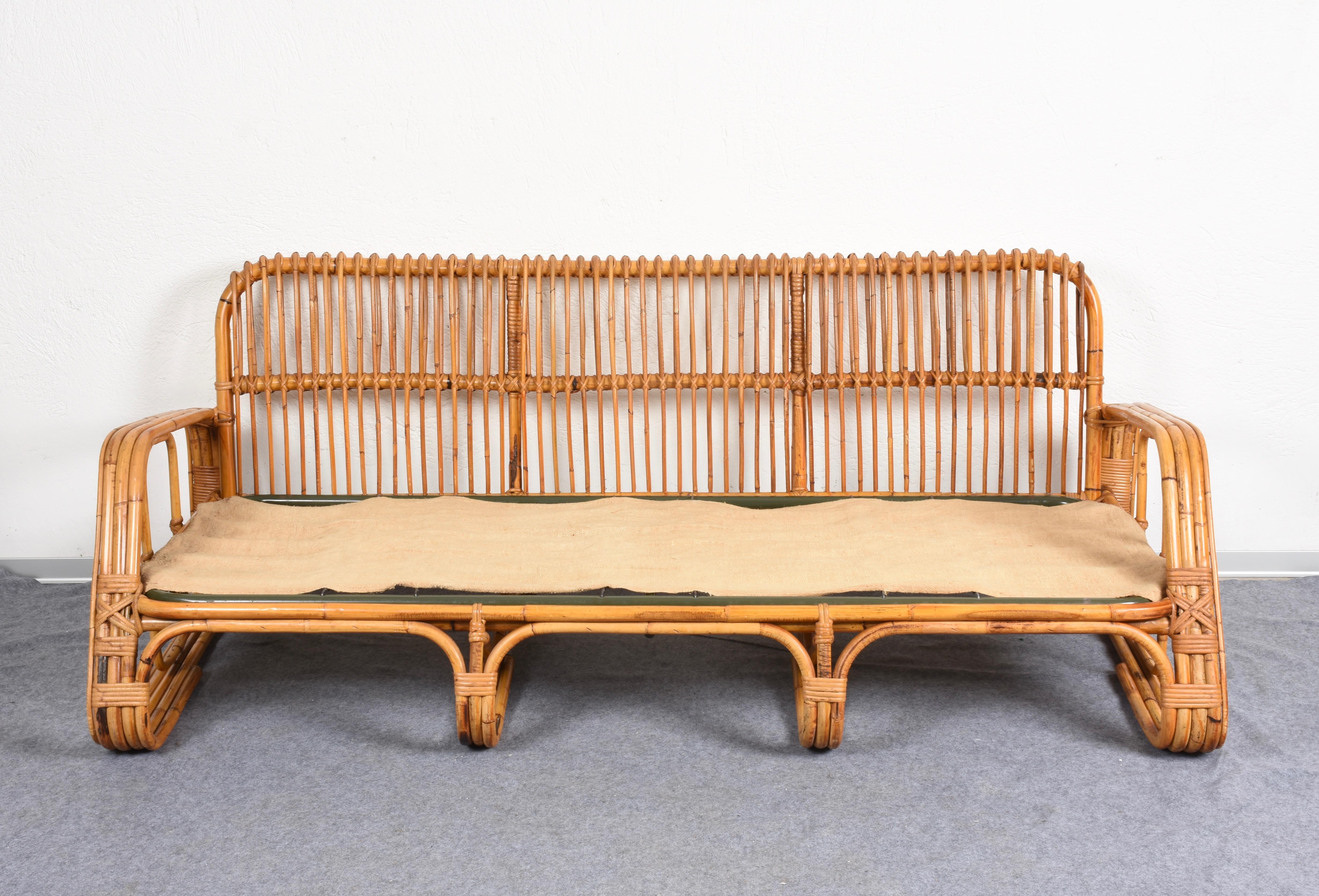 19th Century Mid-Century Modern Italian Three-Seat Rattan & Bamboo Sofa, Italy, 1960s