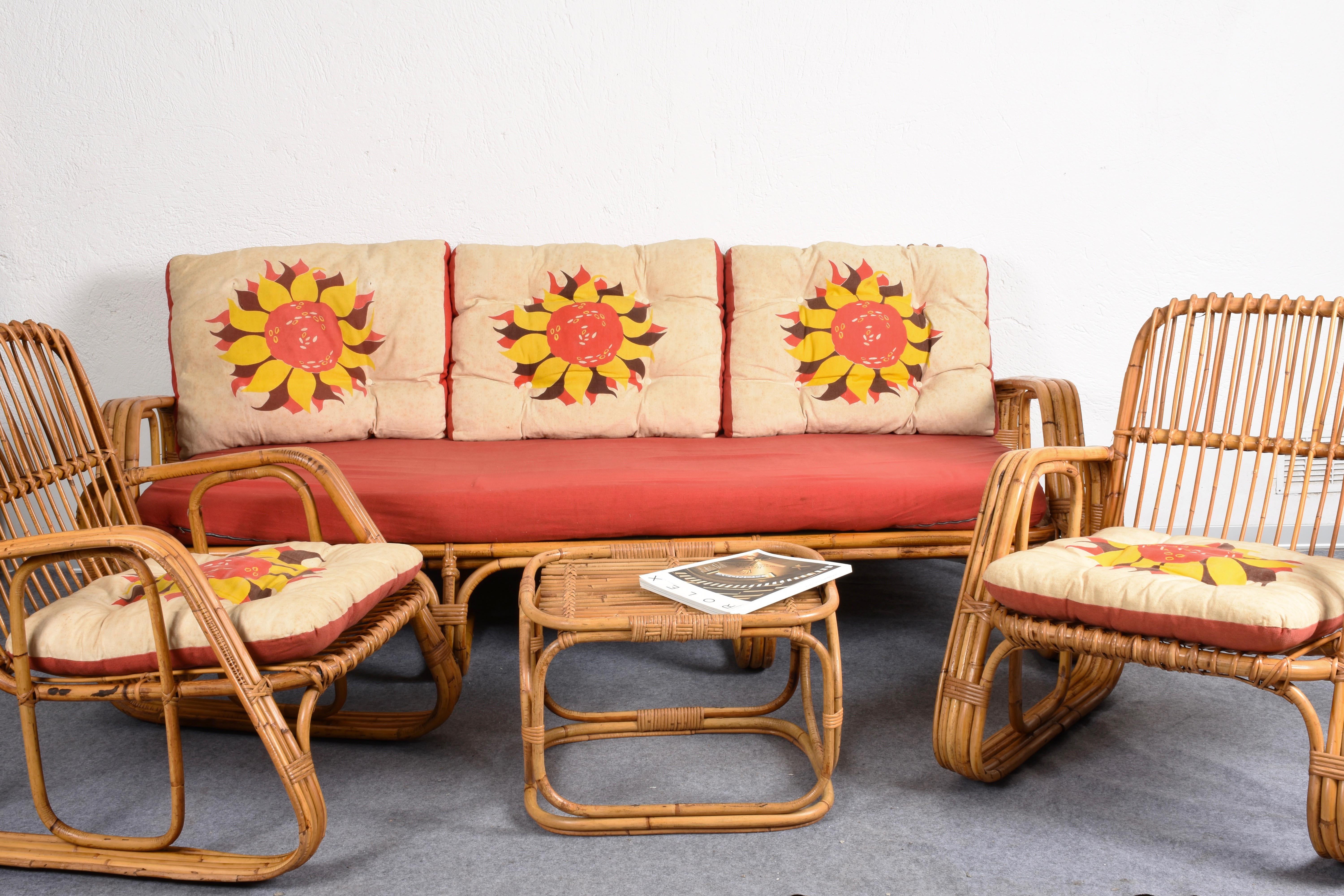 Mid-Century Modern Italian Three-Seat Rattan & Bamboo Sofa, Italy, 1960s 2