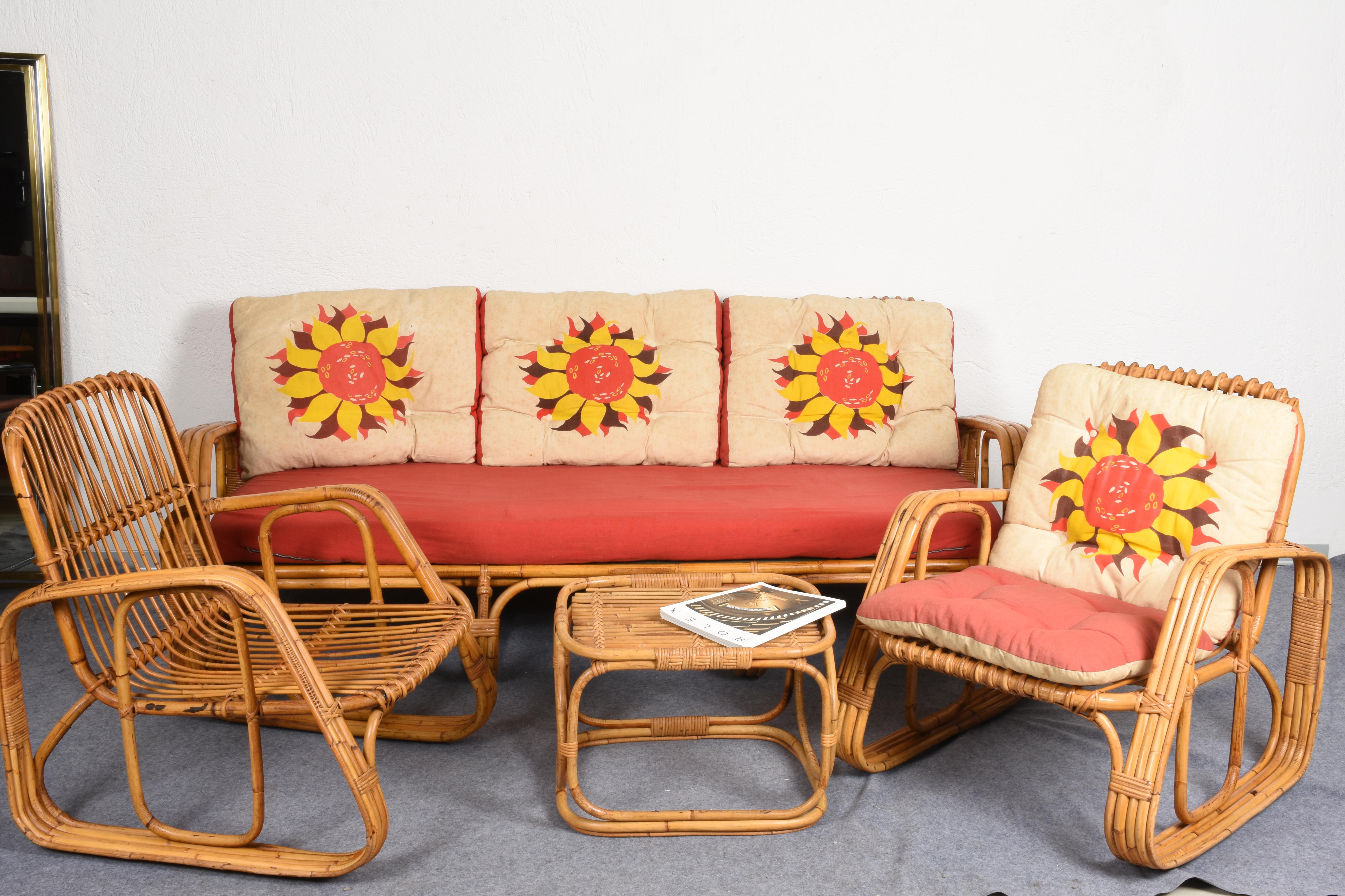 Mid-Century Modern Italian Three-Seat Rattan & Bamboo Sofa, Italy, 1960s 3