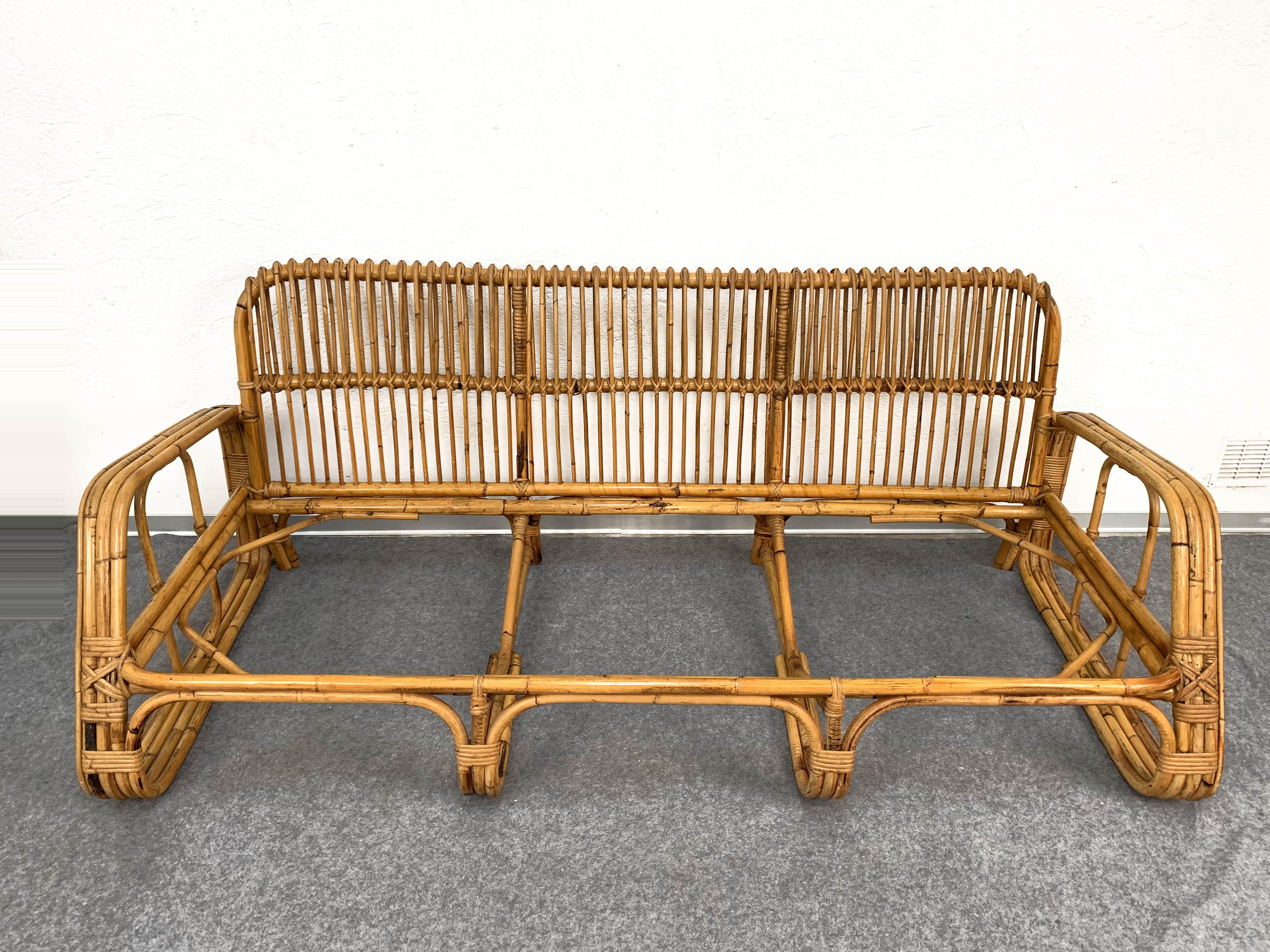 Mid-Century Modern Italian Three-Seat Rattan & Bamboo Sofa, Italy, 1960s 4