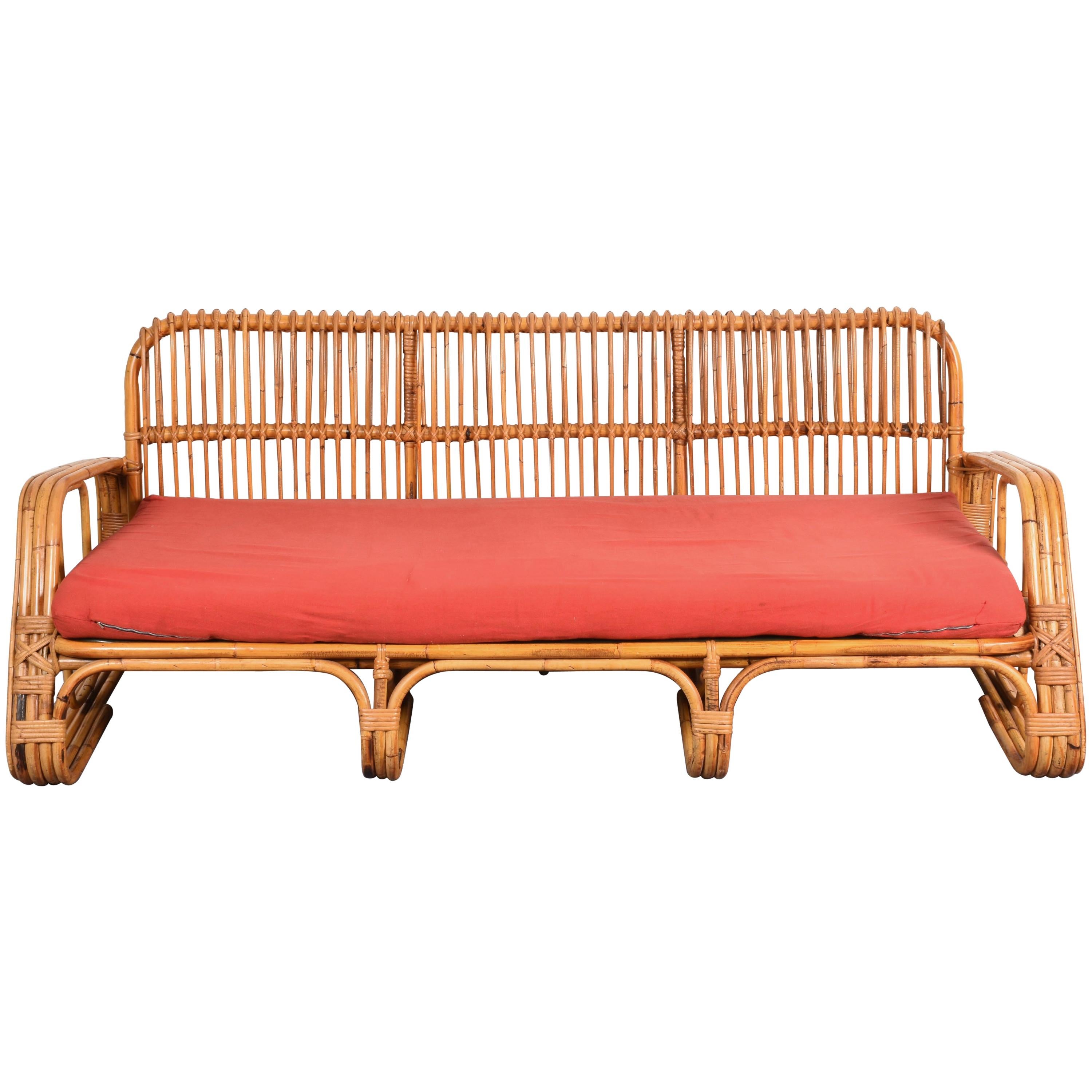 Mid-Century Modern Italian Three-Seat Rattan & Bamboo Sofa, Italy, 1960s
