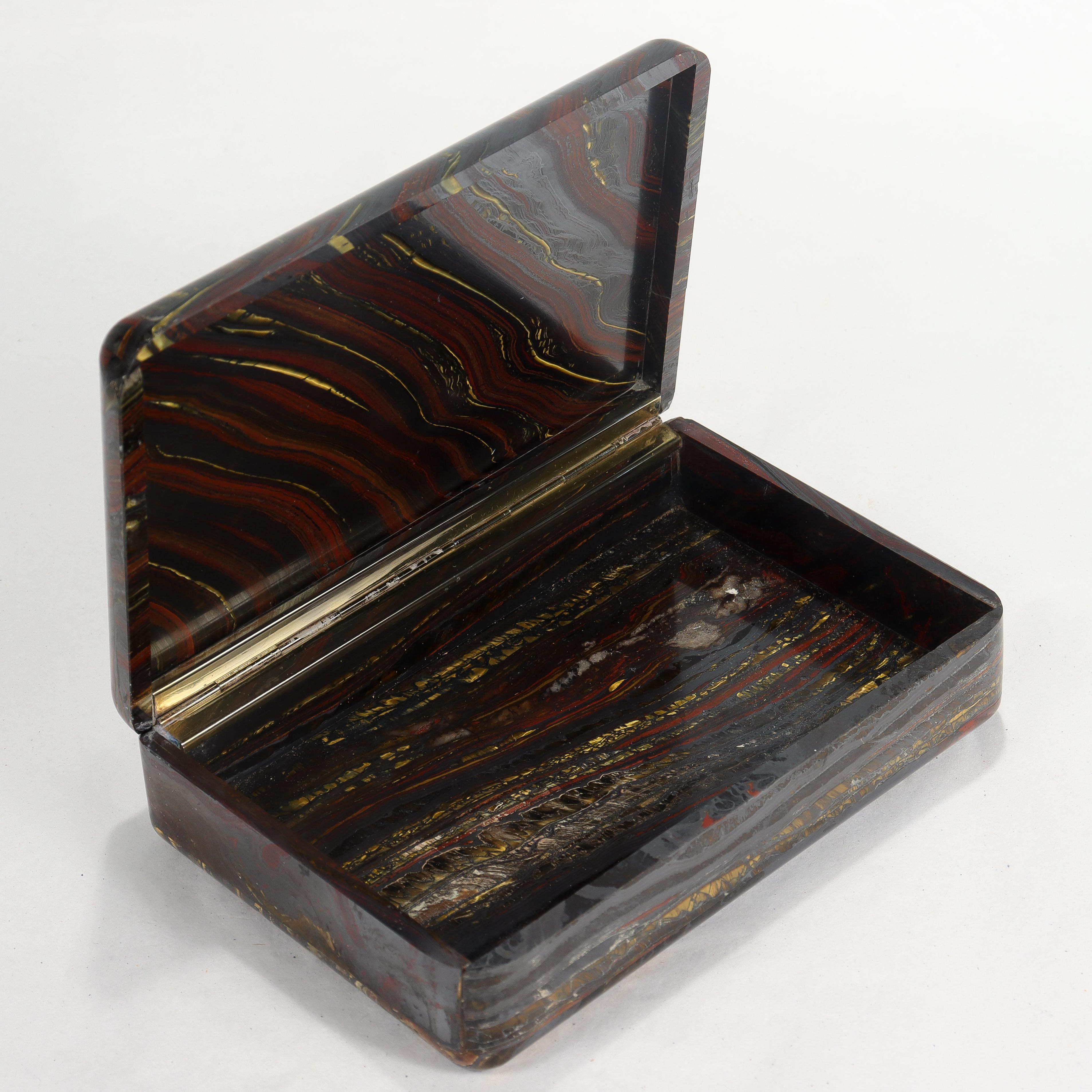 Multi-gemstone Mid-Century Modern Italian Tiger Iron Hardstone/Gemstone Dresser Box or Casket