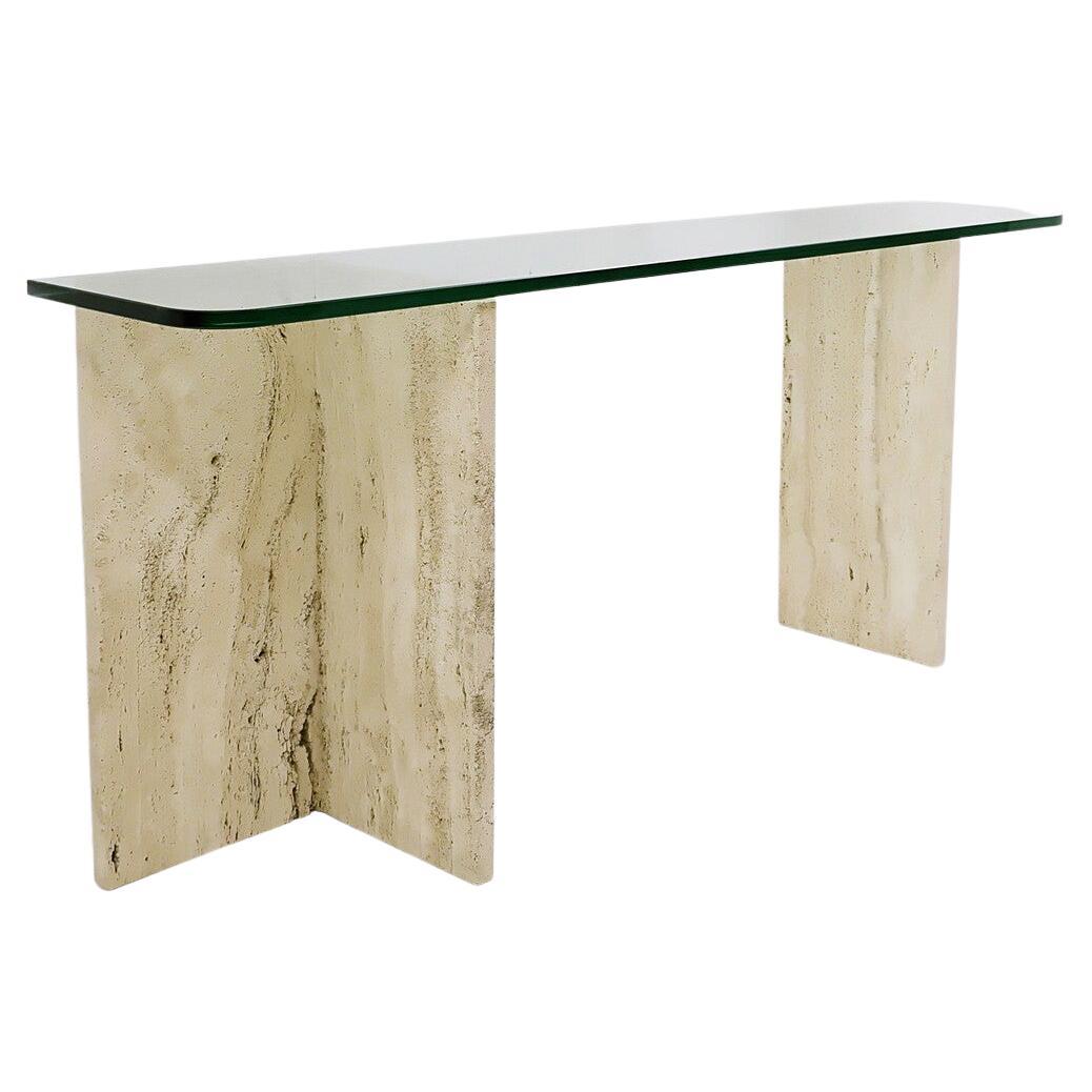 Mid-Century Modern Italian Travertine and Glass Top Console Table, 1970s