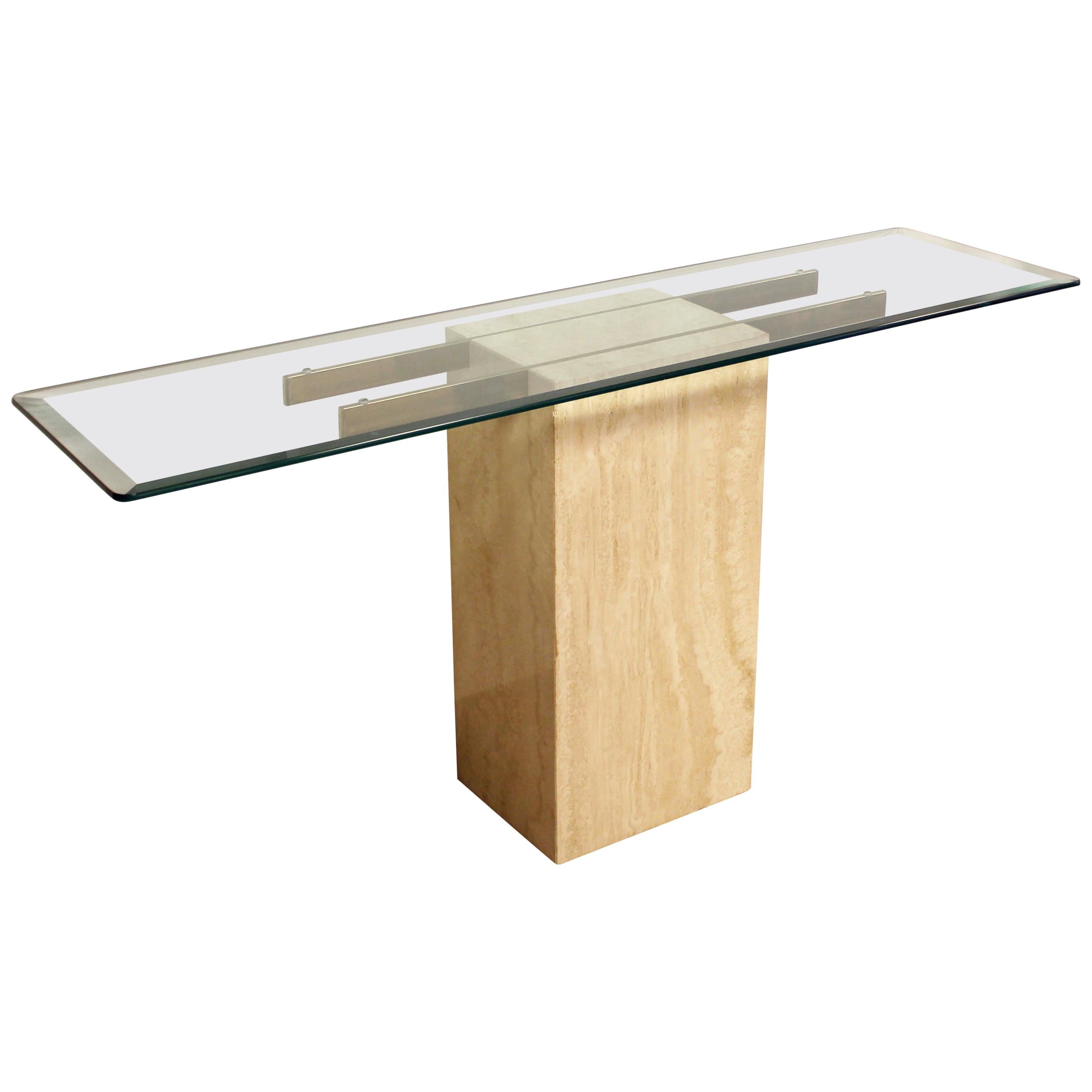 Mid-Century Modern Italian Travertine Brass Glass Console Table by Artedi, 1970s