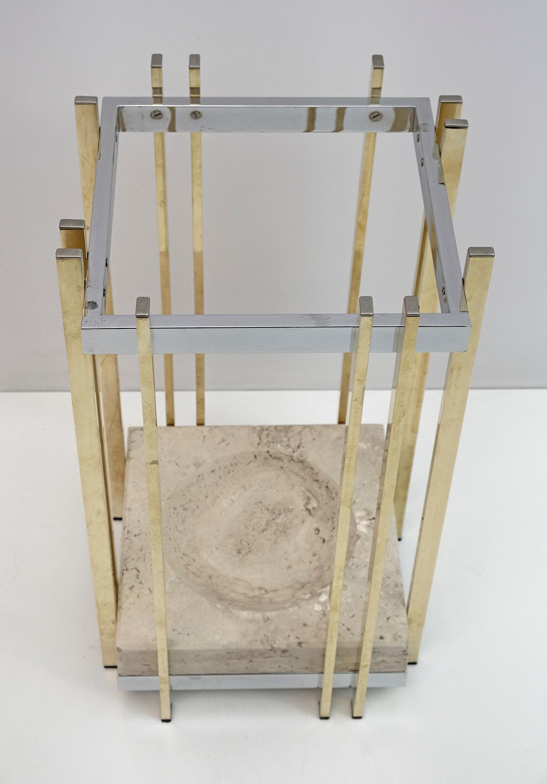 Late 20th Century Mid-Century Modern Italian Travertine, Chrome and Brass Umbrella Stands, 70s For Sale