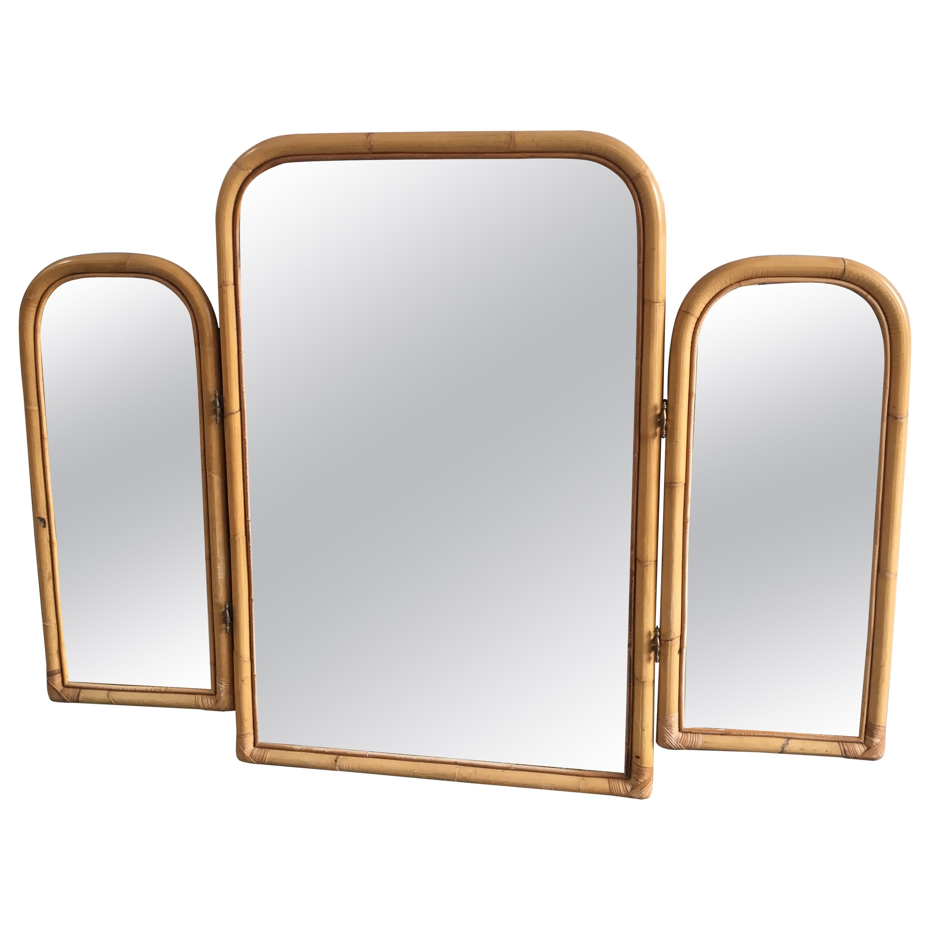 Mid-Century Modern Italian Triptych Bamboo Framed Lit Mirror, 1970s