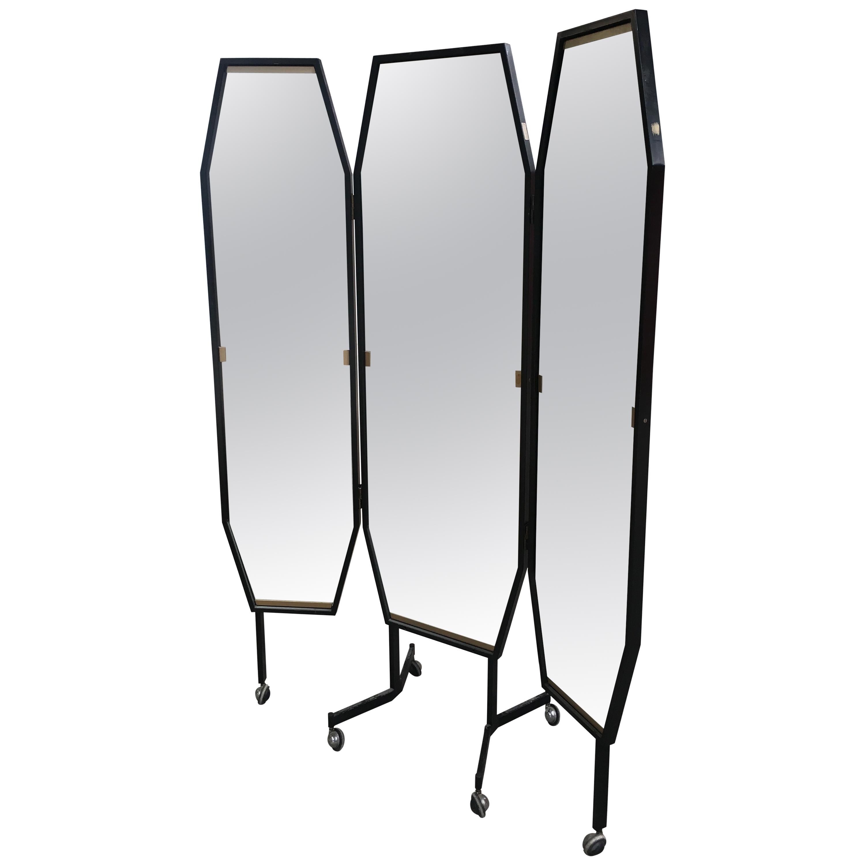 MidCentury Modern Italian Triptych Freestanding Mirror on Wheels