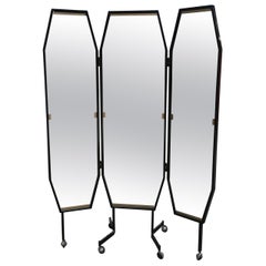Mid-Century Modern Italian Triptych Full Length Dressing Mirror on Wheels, 1970s