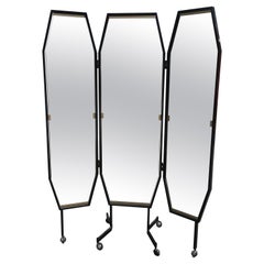 Mid-Century Modern Italian Triptych Full Length Dressing Mirror on Wheels, 1970s