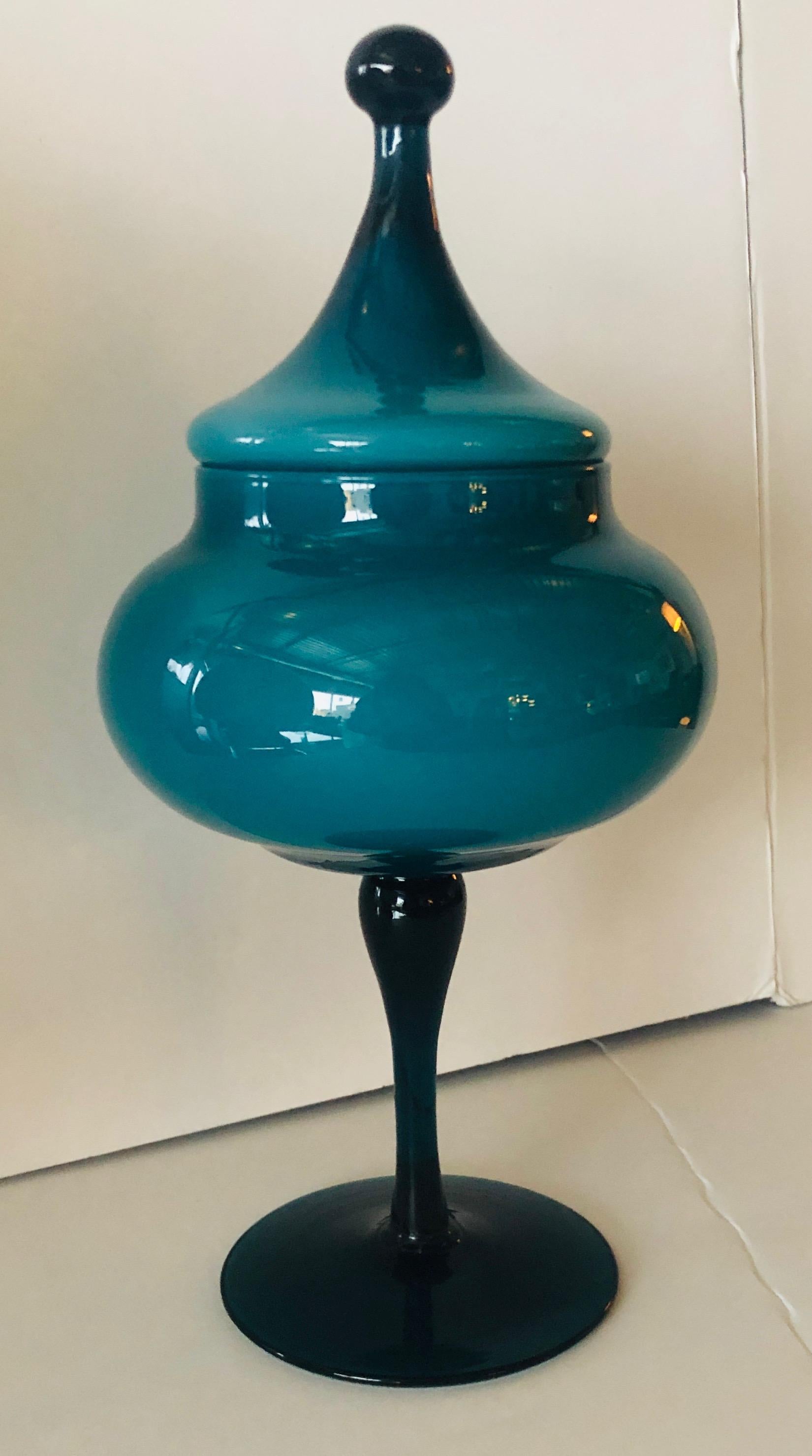 Mid-Century Modern Turquoise Blue Blown Italian Murano Glass Stemmed Candy Dish with Matching Top