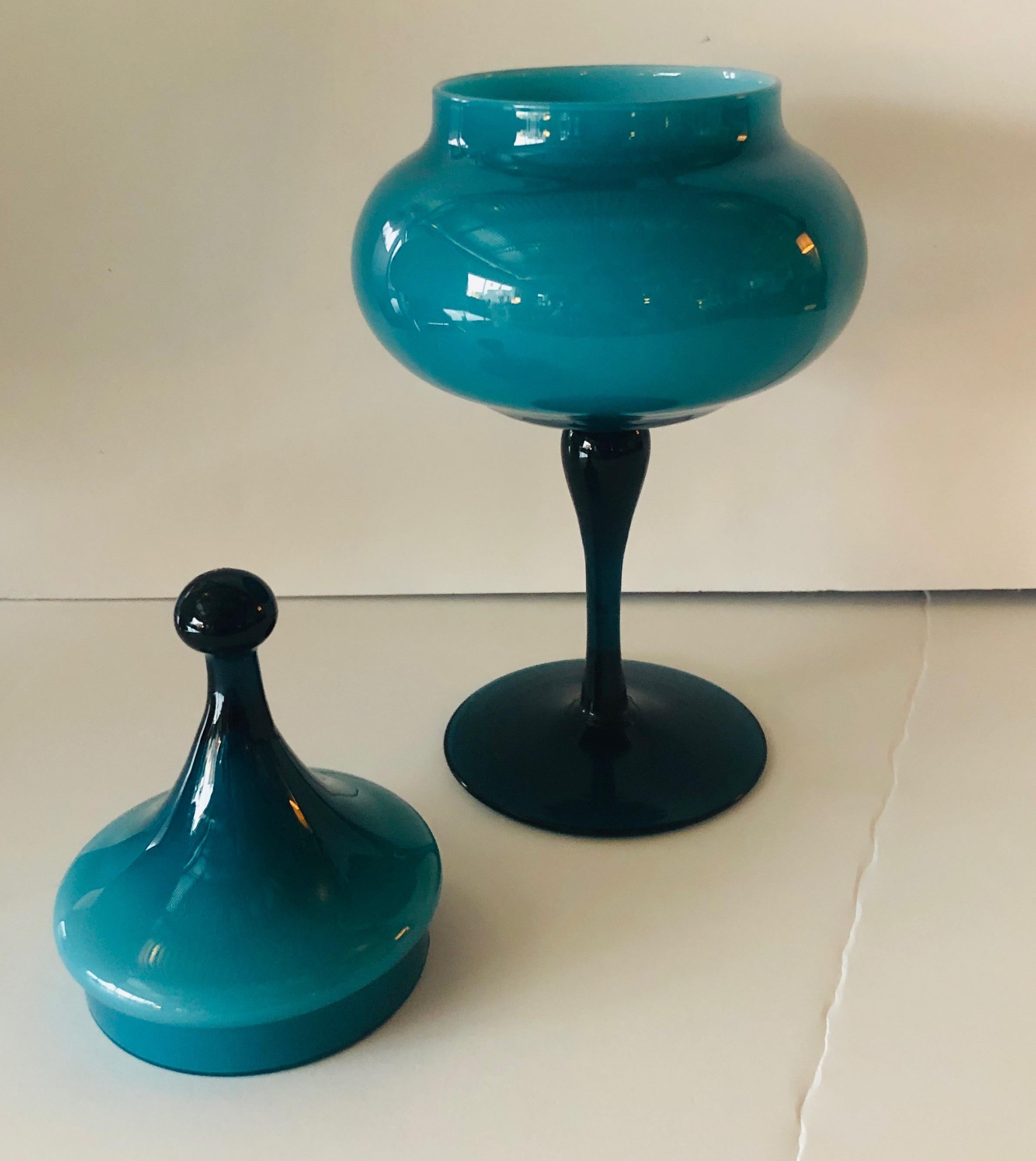 Turquoise Blue Blown Italian Murano Glass Stemmed Candy Dish with Matching Top In Good Condition In Houston, TX