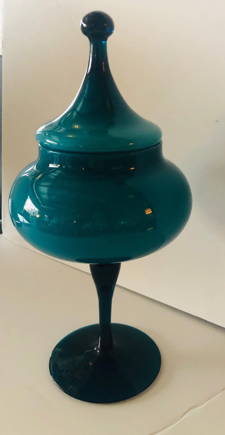 Turquoise Blue Blown Italian Murano Glass Stemmed Candy Dish with Matching Top at 1stDibs