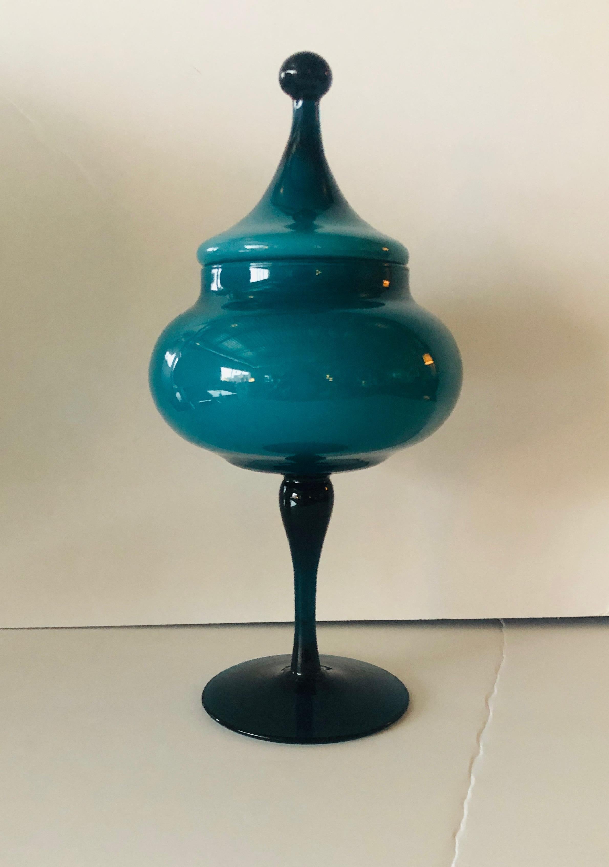 Blown Glass Turquoise Blue Blown Italian Murano Glass Stemmed Candy Dish with Matching Top
