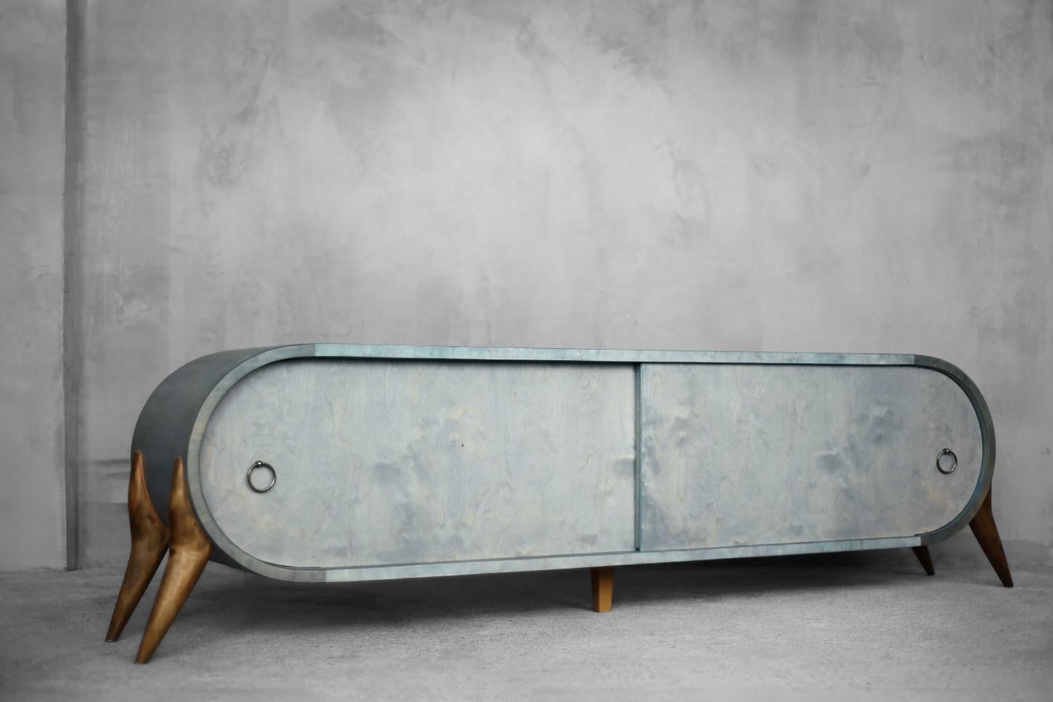 Métal Mid-Century Modern Italian Turquoise Streamline Sideboard in Birch, 1960s en vente