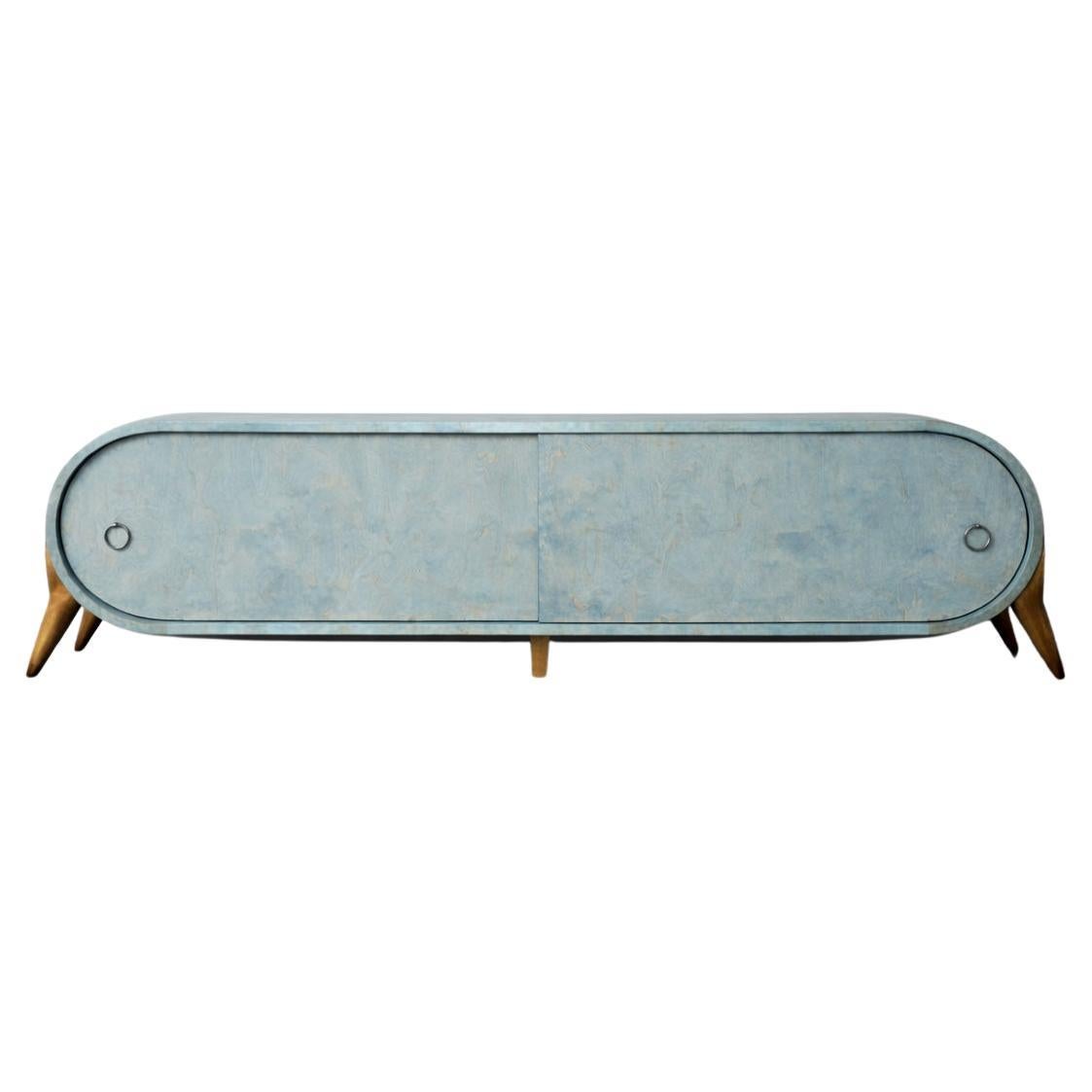 Mid-Century Modern Italian Turquoise Streamline Sideboard in Birch, 1960s For Sale
