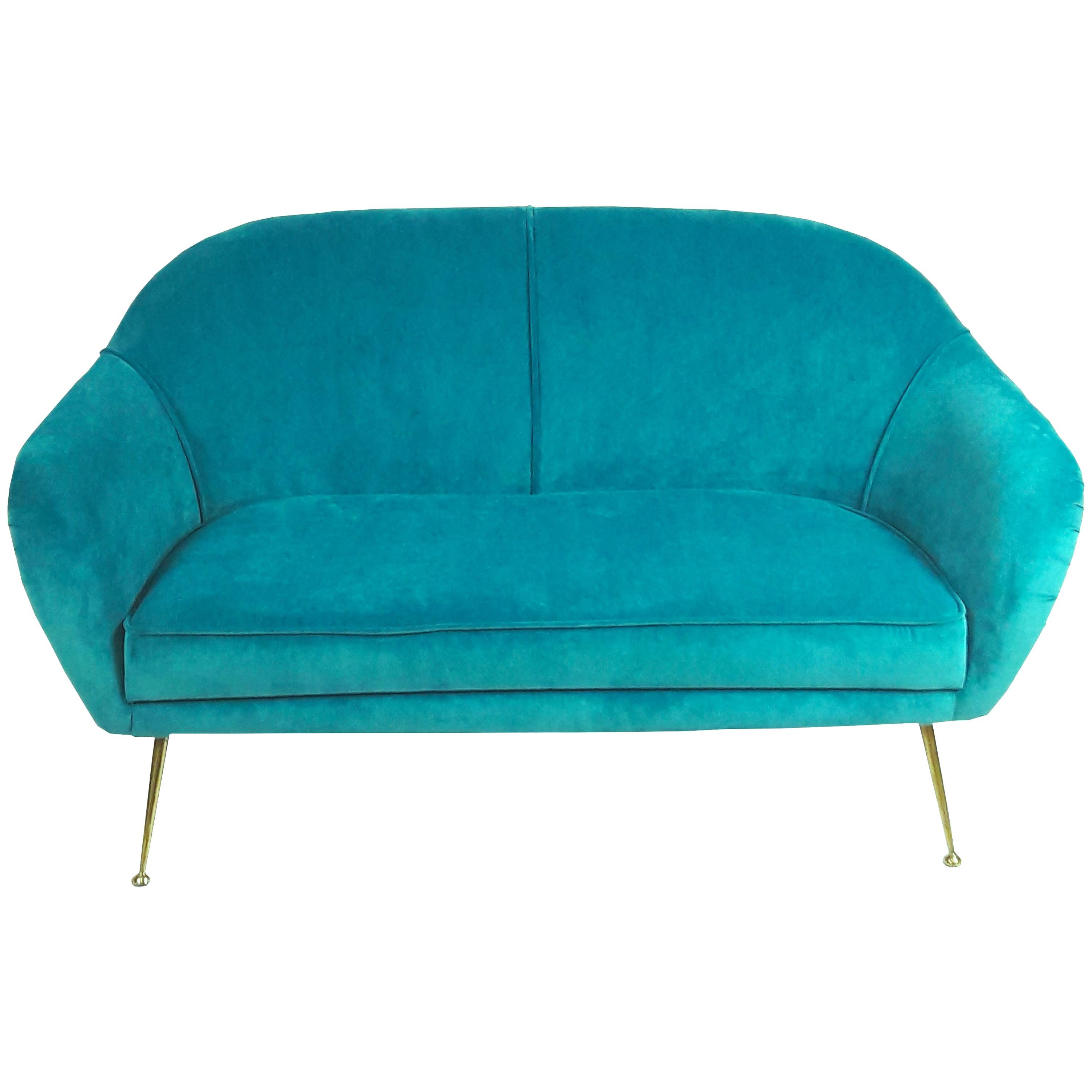 Mid-Century Modern Italian Turquoise Velvet Sofa, 1950s For Sale