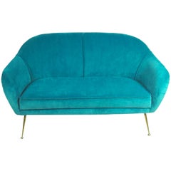 Mid-Century Modern Italian Turquoise Velvet Sofa, 1950s