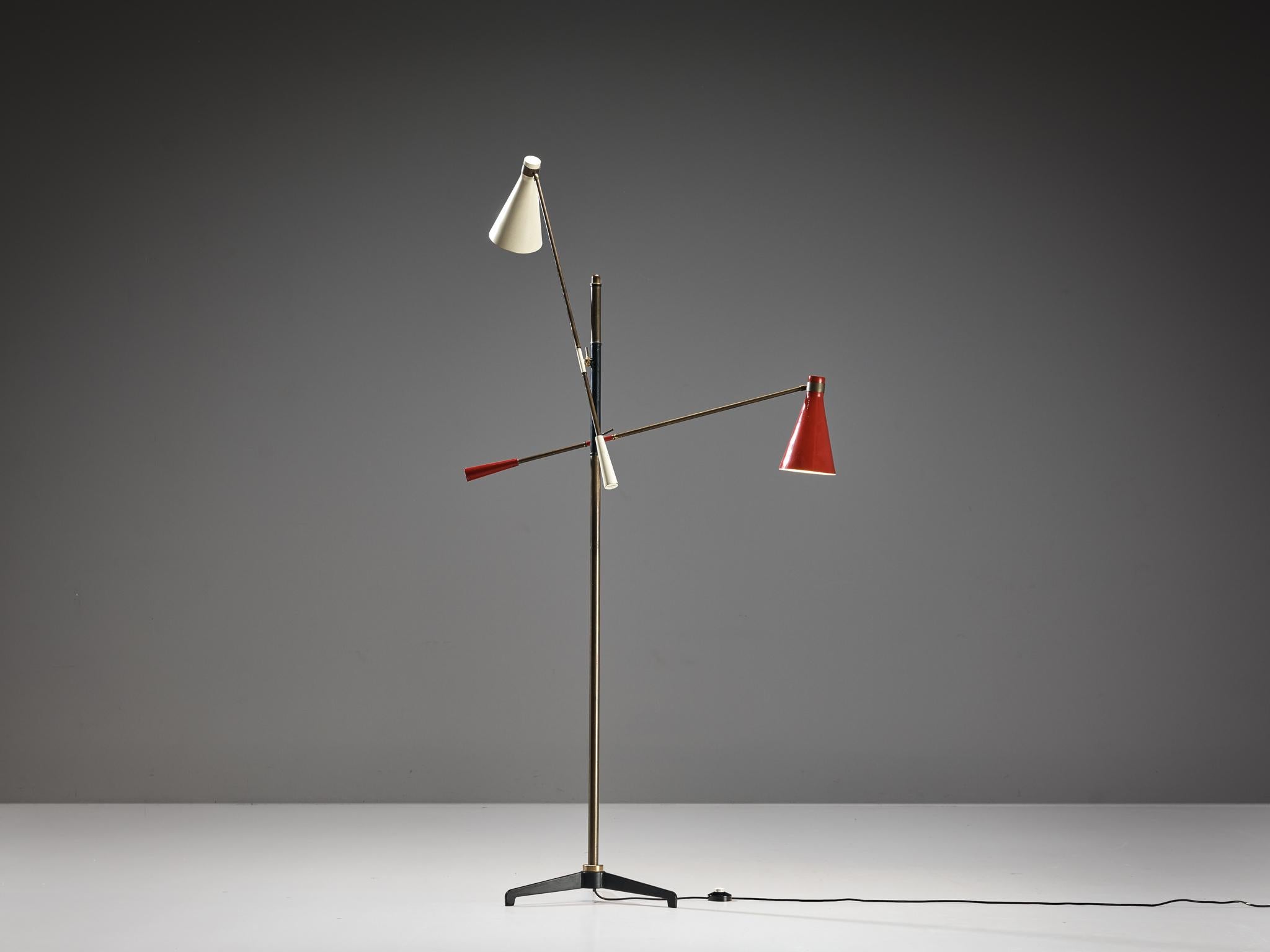 Floor lamp, enameled aluminum, brass, steel, Italy, 1950s

An Italian floor lamp with two gracefully extended arms. The design reminds of the Triennale lamp designed by Angelo Lelii for Arredoluce in 1947. An intriguing feature is the lamp's