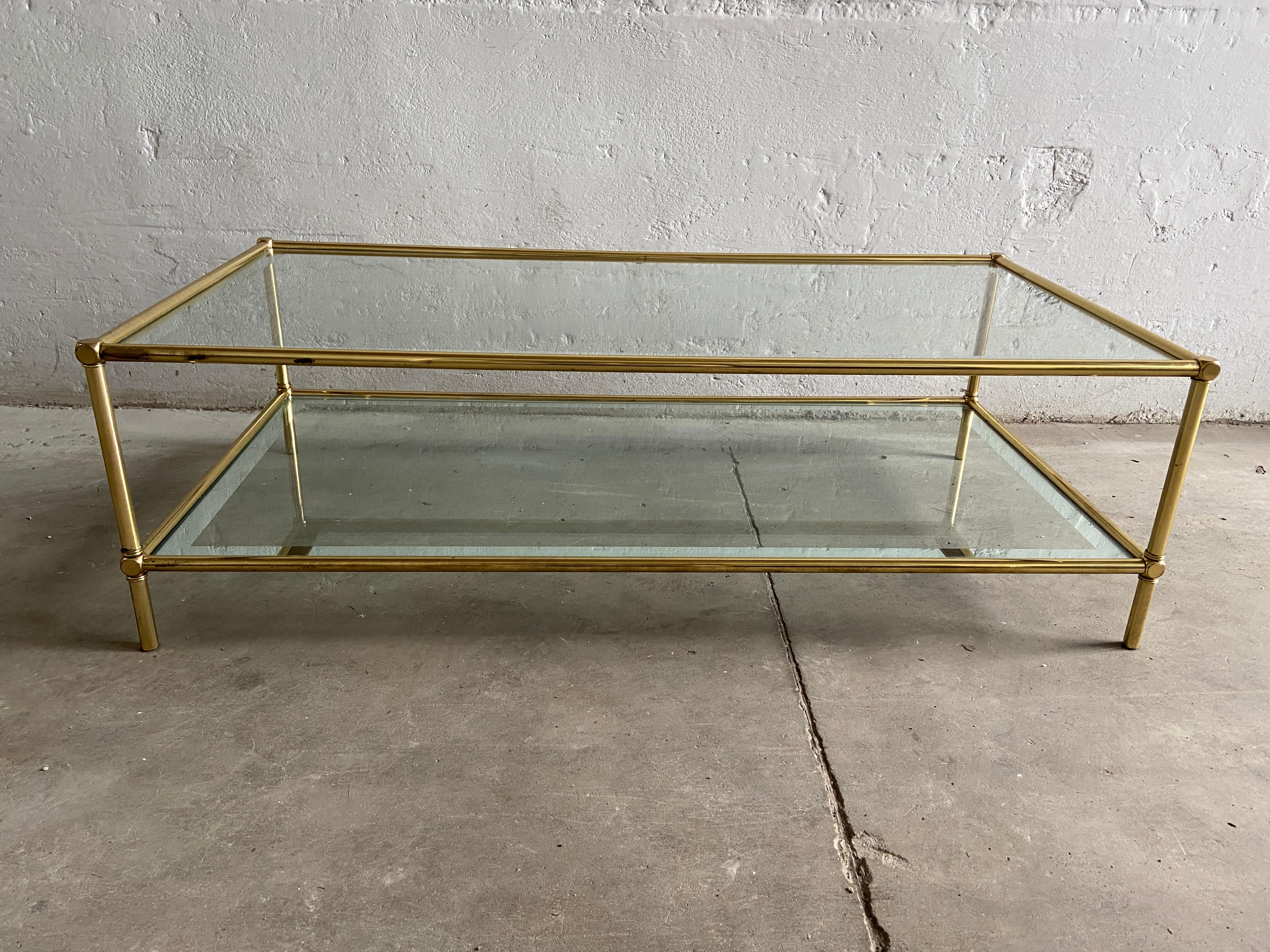 Mid-Century Modern Italian two-tier brass coffee table with mirrored edge glass, 1960s.