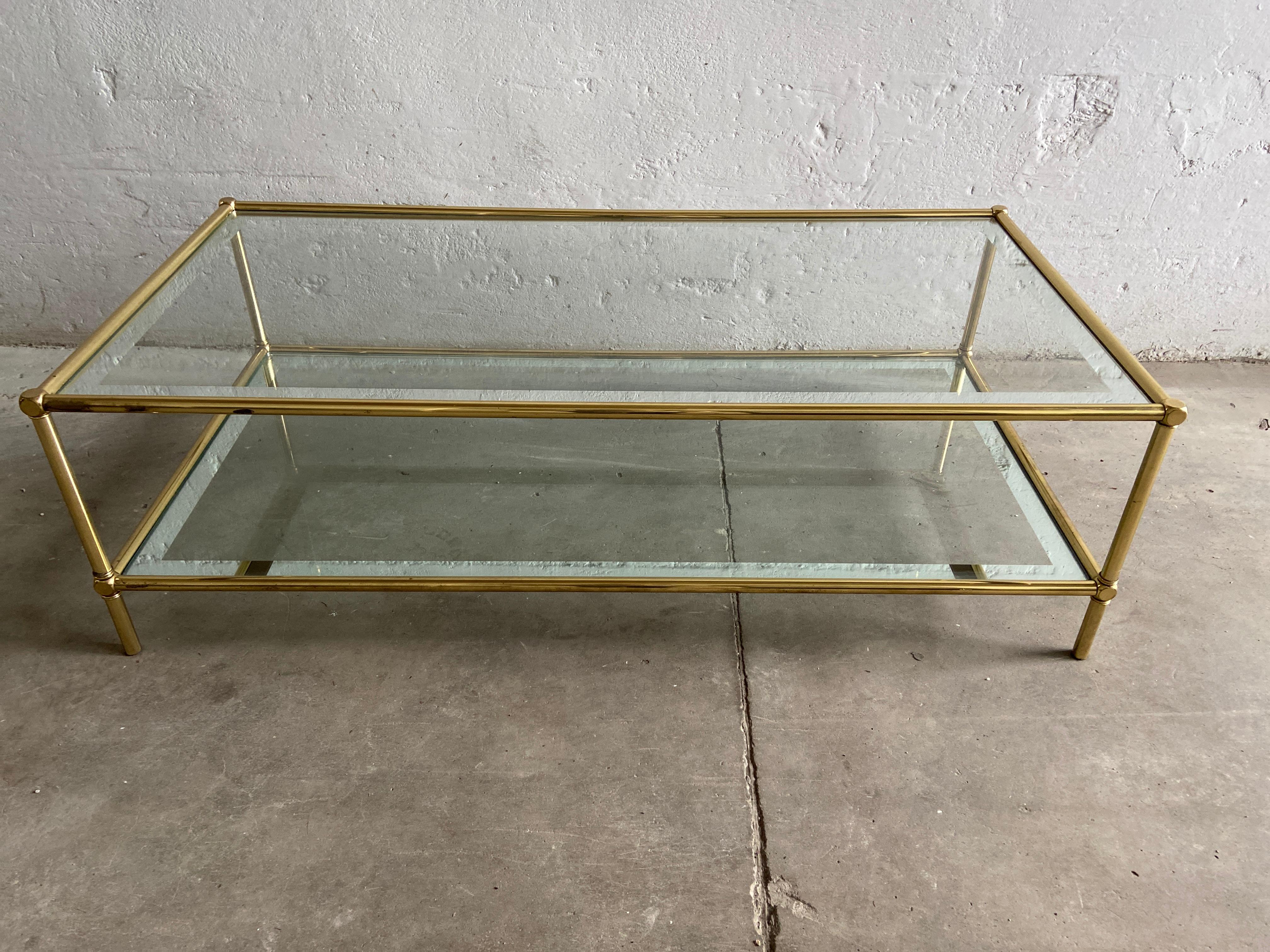 Mid-Century Modern Italian Two-Tier Brass Coffee Table with Mirrored Edge Glass 1