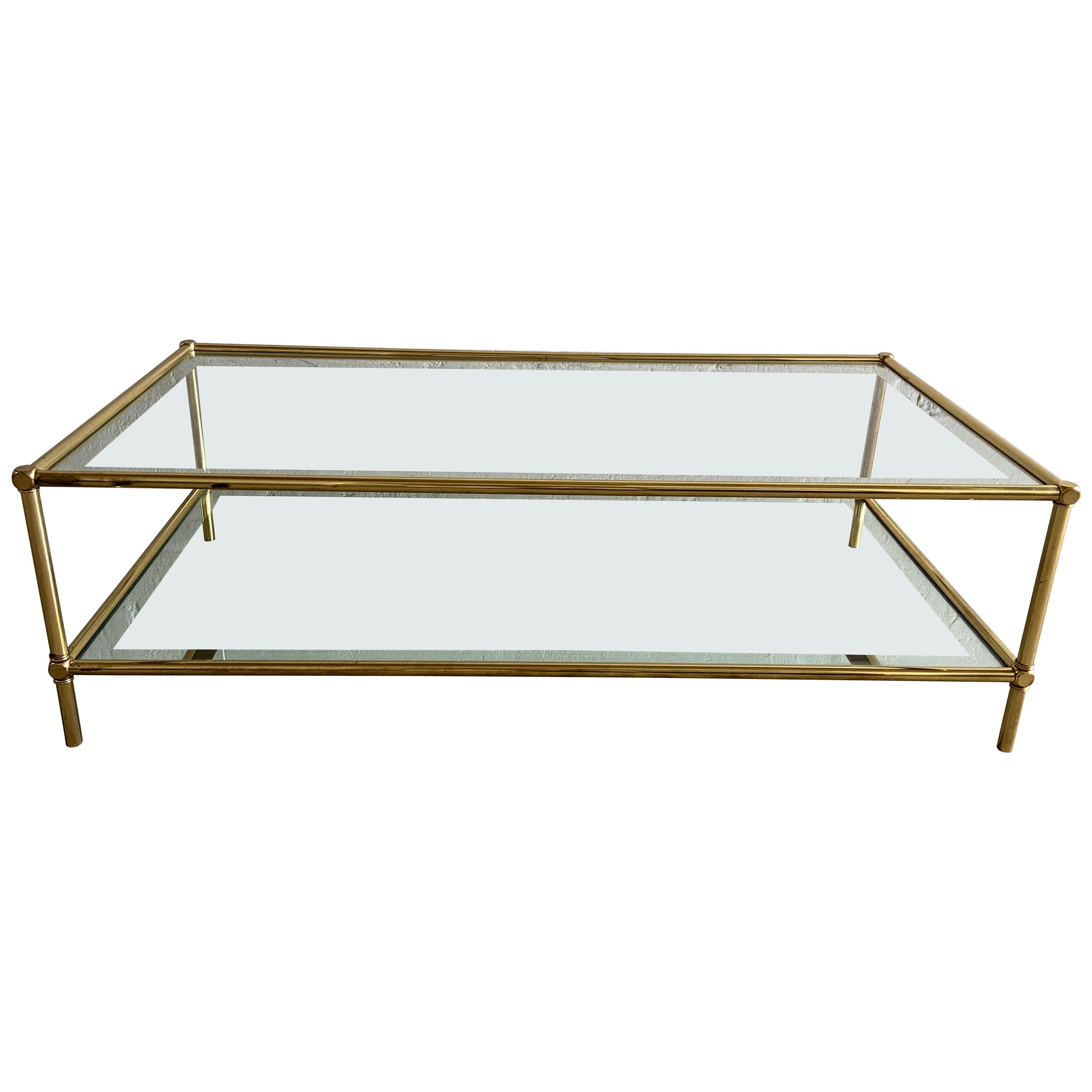 Mid-Century Modern Italian Two-Tier Brass Coffee Table with Mirrored Edge Glass