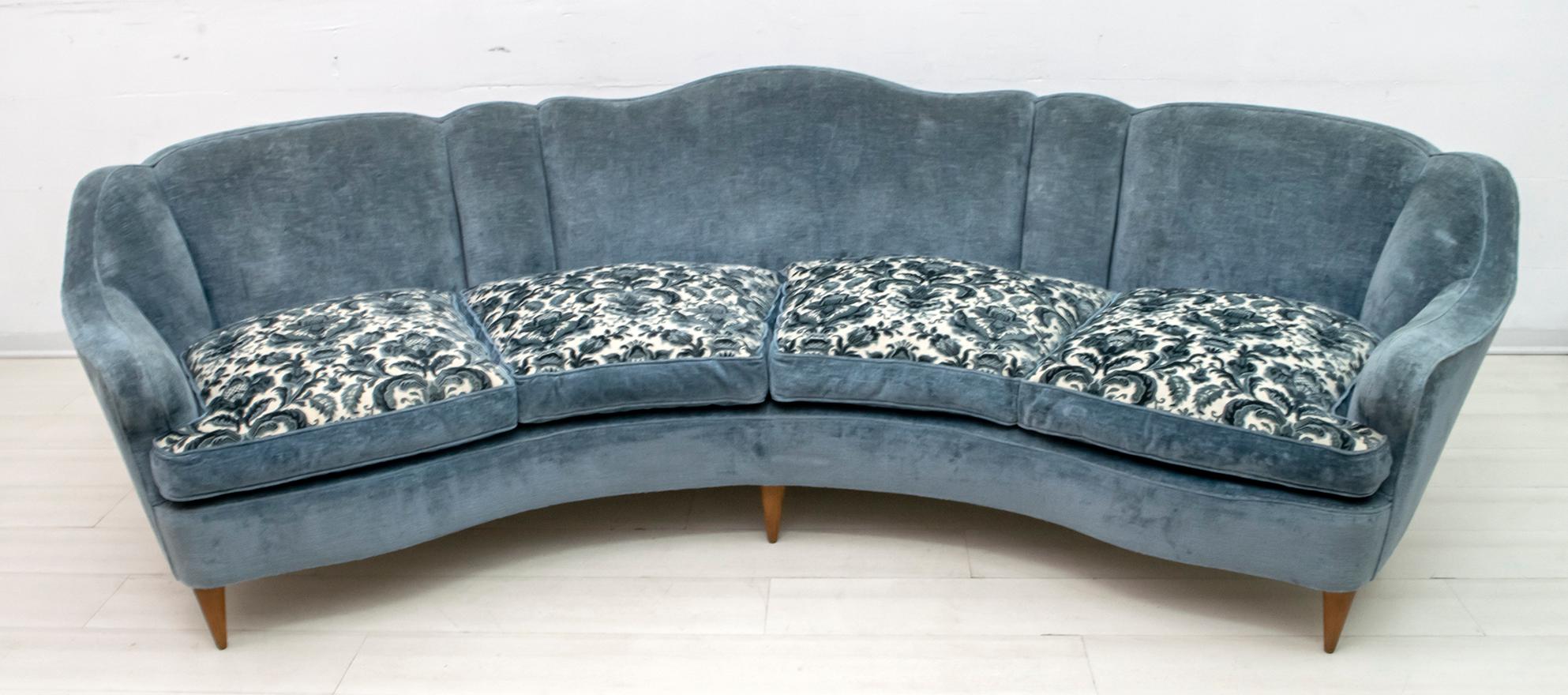 Mid-20th Century Mid-Century Modern Italian Velvet Curved Four-Seat Sofa, 1950s