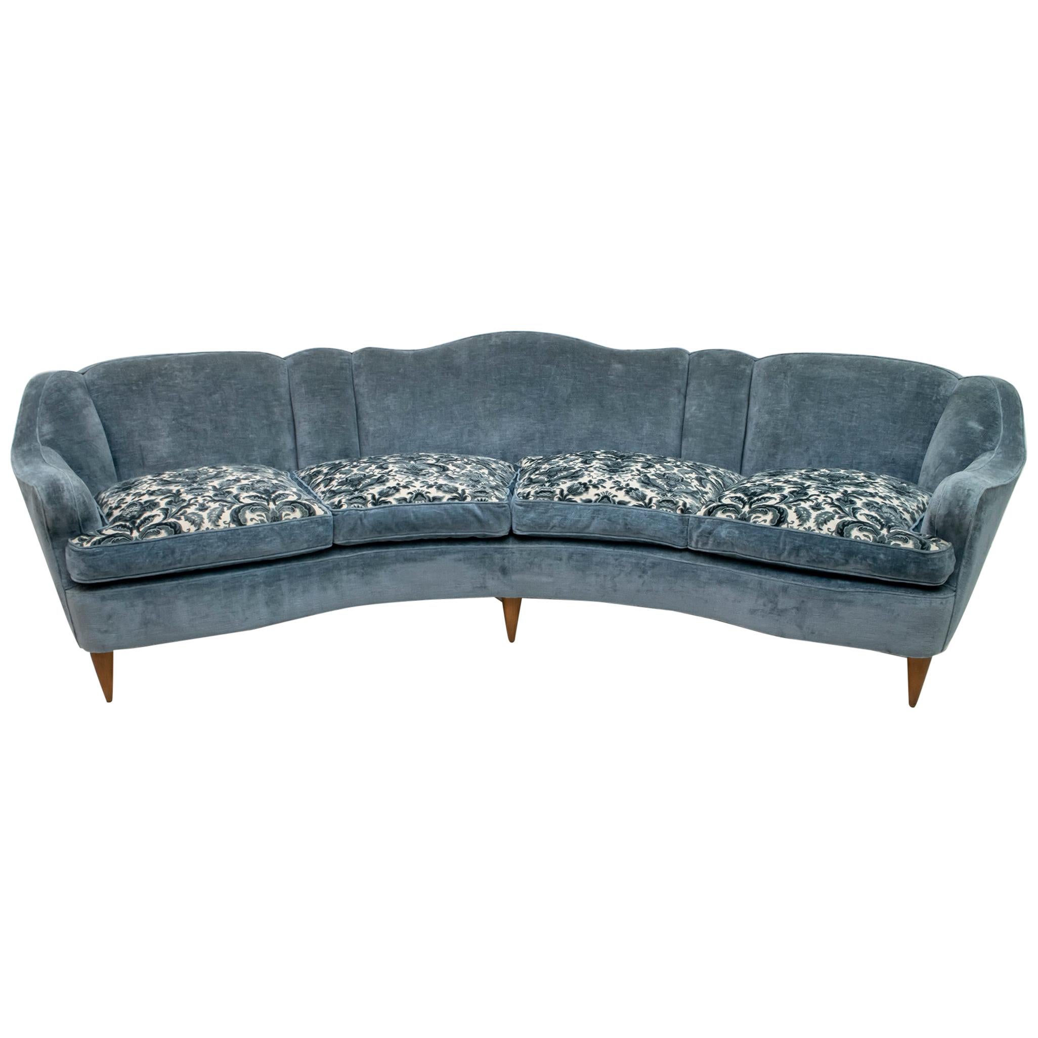 Mid-Century Modern Italian Velvet Curved Four-Seat Sofa, 1950s