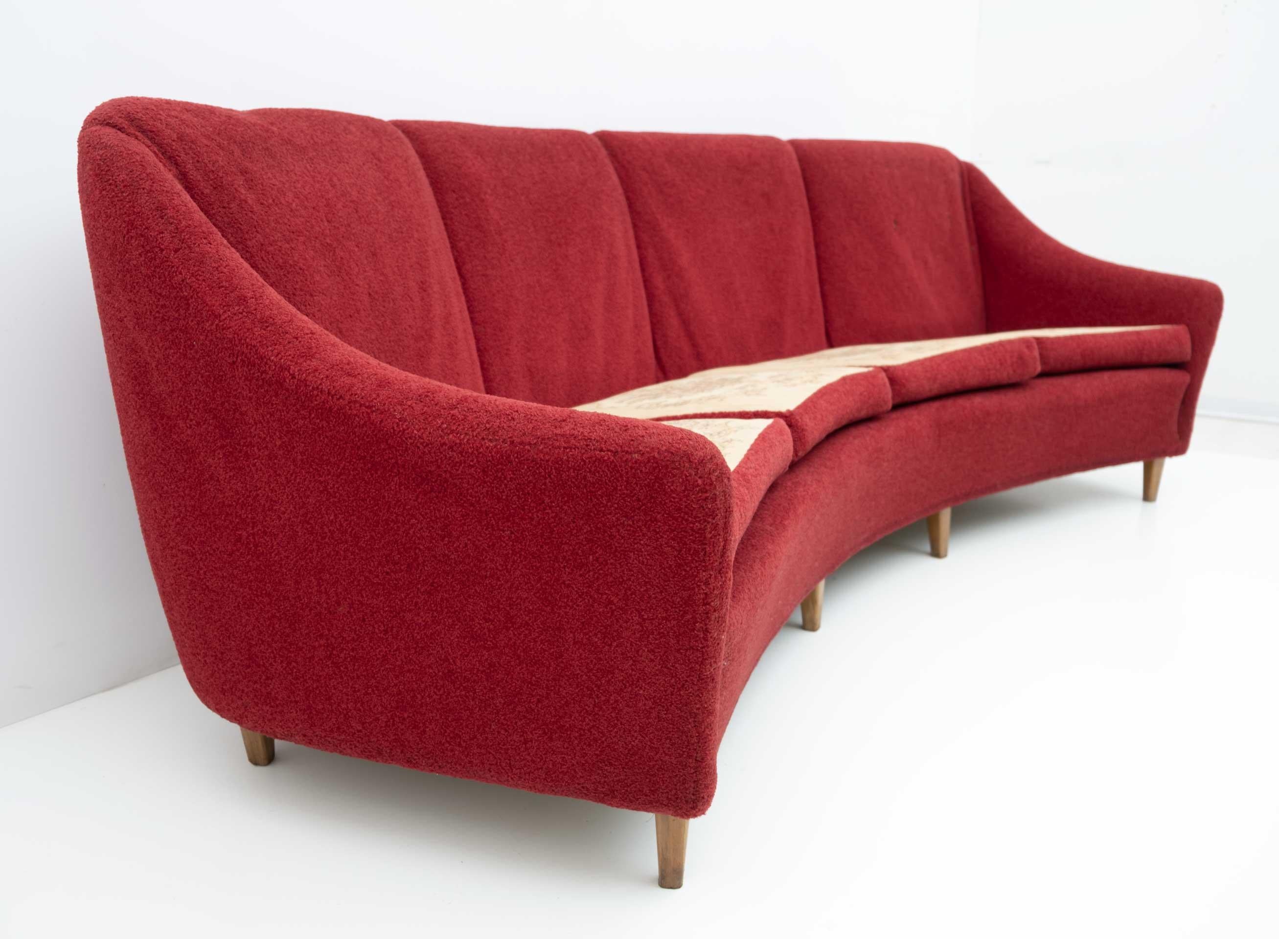 Mid-20th Century Mid-Century Modern Italian Velvet four Seater Curved Sofa, 1950s For Sale