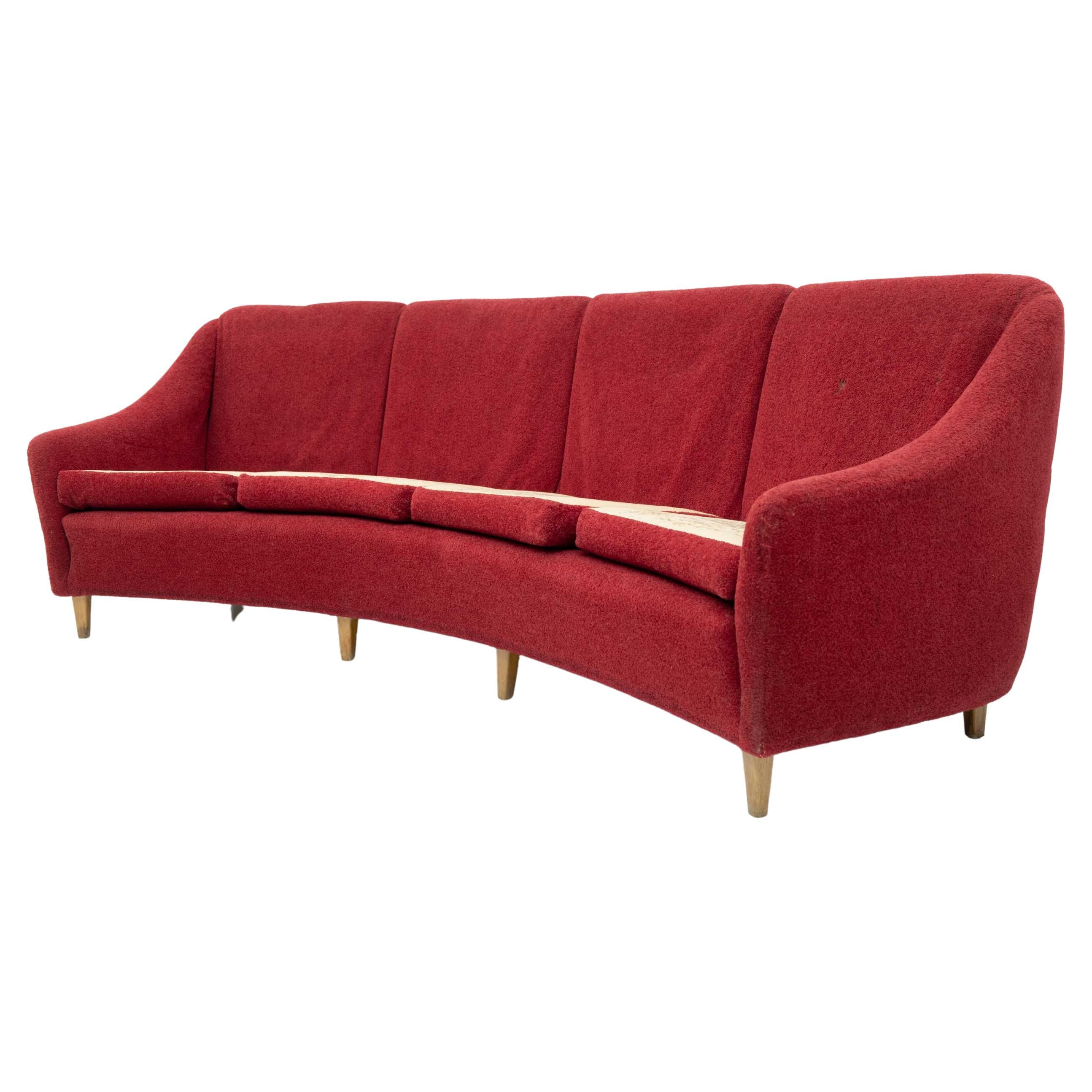 Mid-Century Modern Italian Velvet four Seater Curved Sofa, 1950s For Sale
